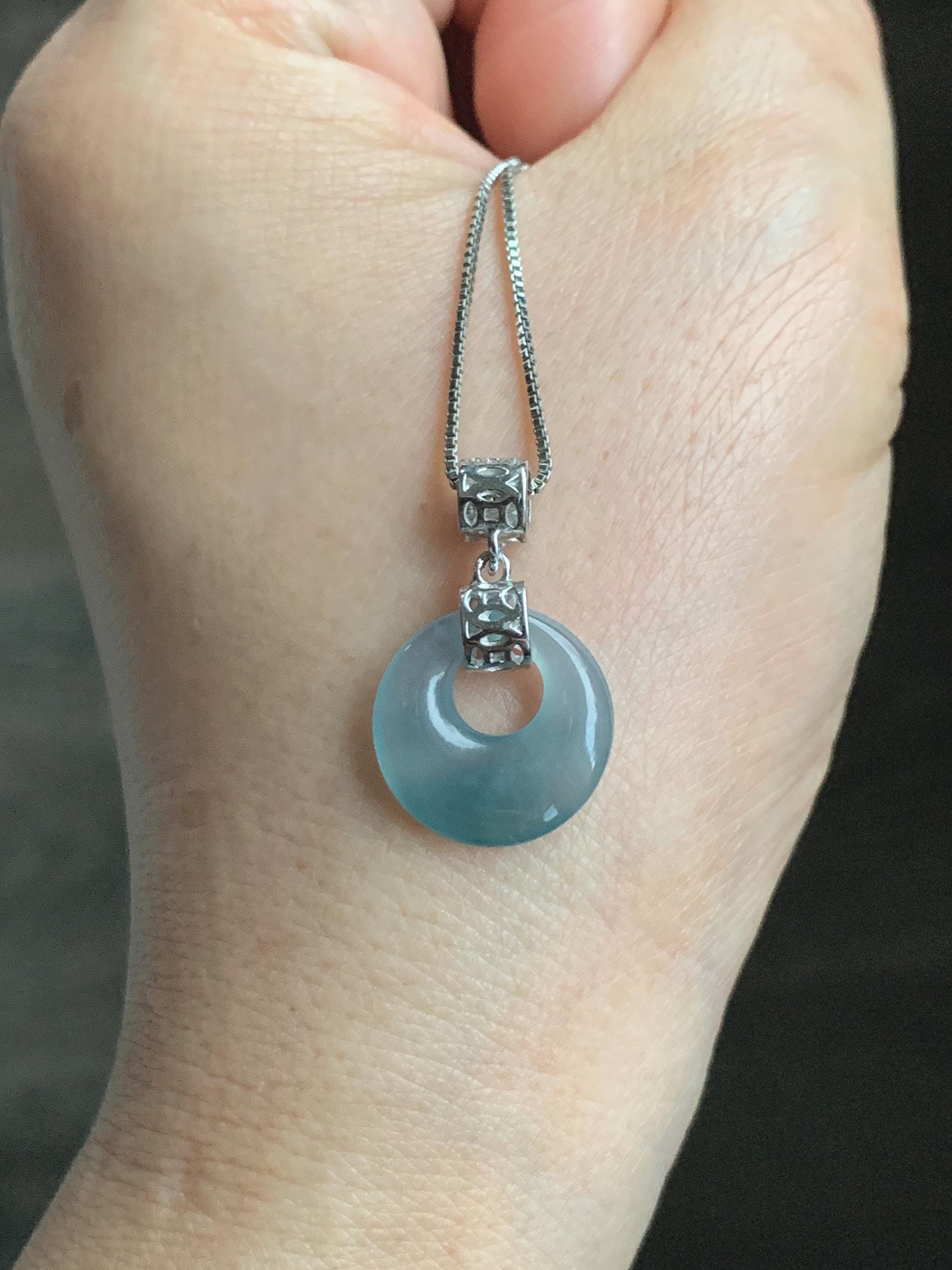 Natural Grade A Guatemalan Icy Translucent Pastel Teal Blue Jade Jadeite Ping An Kou Donut Pendant Sterling Silver 天然冰胶危飘蓝翡翠平安扣吊坠 WGZ55B