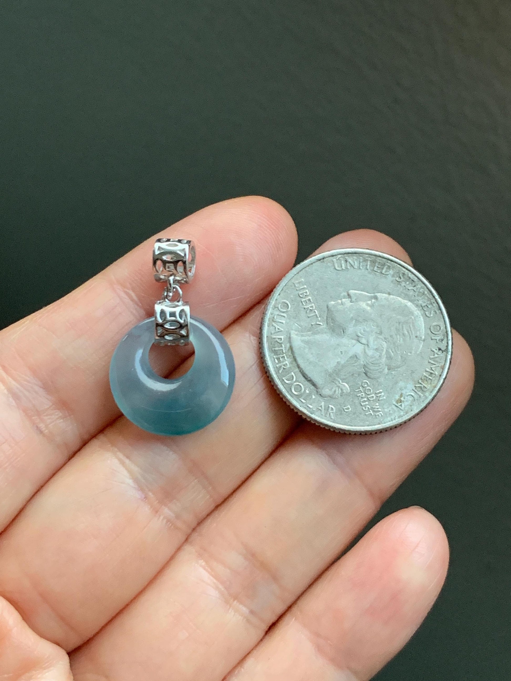Natural Grade A Guatemalan Icy Translucent Pastel Teal Blue Jade Jadeite Ping An Kou Donut Pendant Sterling Silver 天然冰胶危飘蓝翡翠平安扣吊坠 WGZ55B