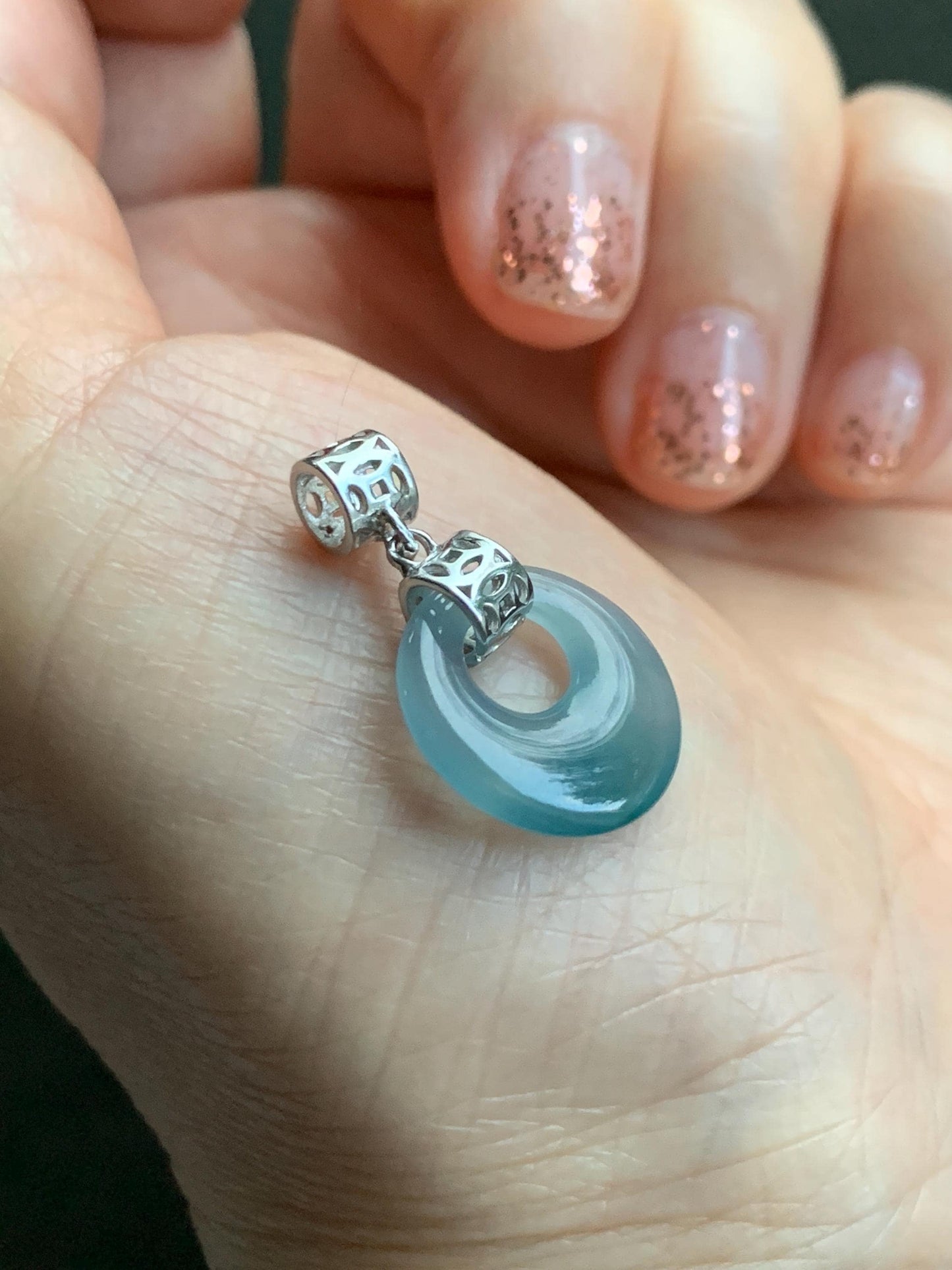 Natural Grade A Guatemalan Icy Translucent Pastel Teal Blue Jade Jadeite Ping An Kou Donut Pendant Sterling Silver 天然冰胶危飘蓝翡翠平安扣吊坠 WGZ55B