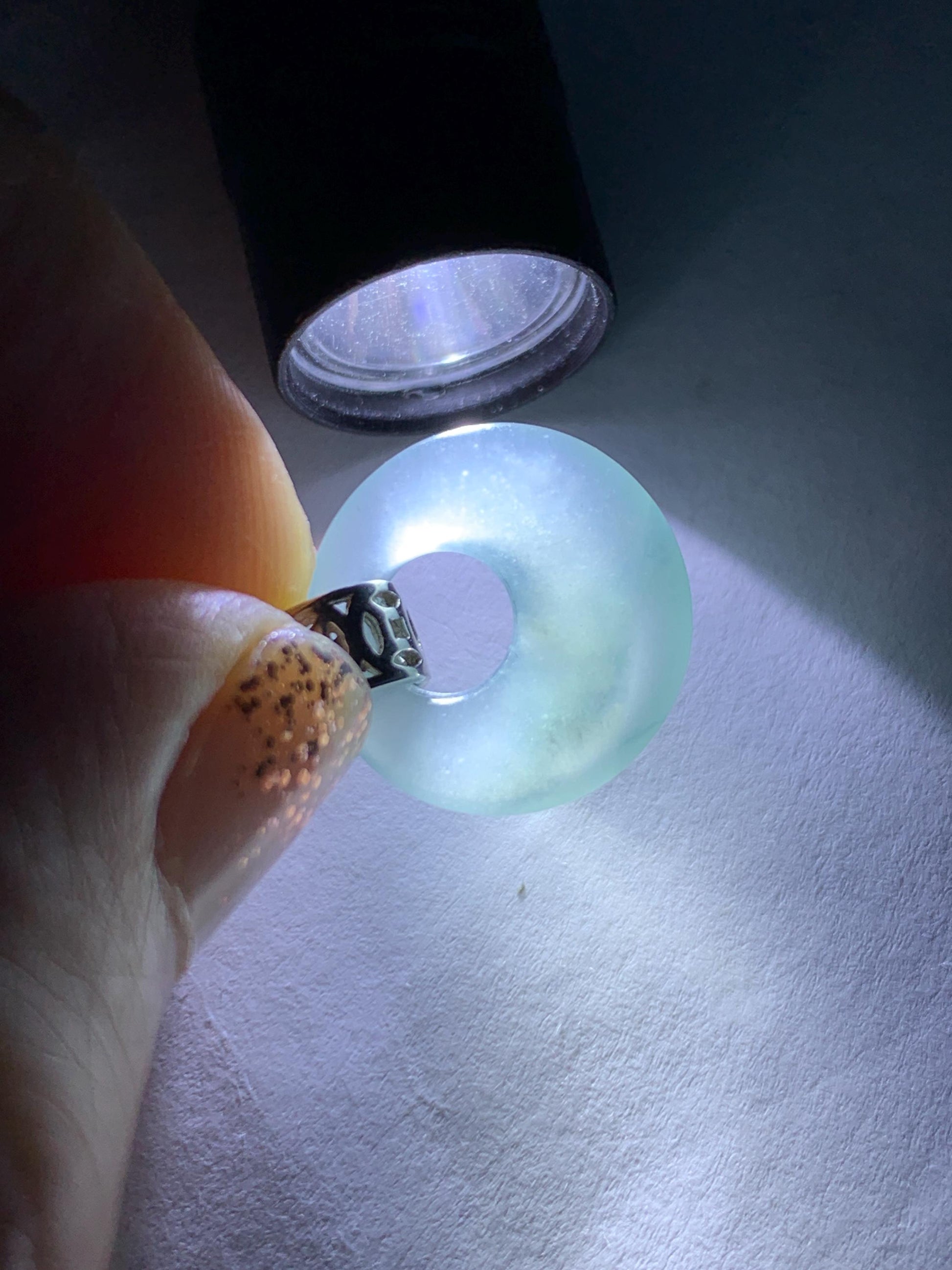 Natural Grade A Guatemalan Icy Translucent Pastel Teal Blue Jade Jadeite Ping An Kou Donut Pendant Sterling Silver 天然冰胶危飘蓝翡翠平安扣吊坠 WGZ55A