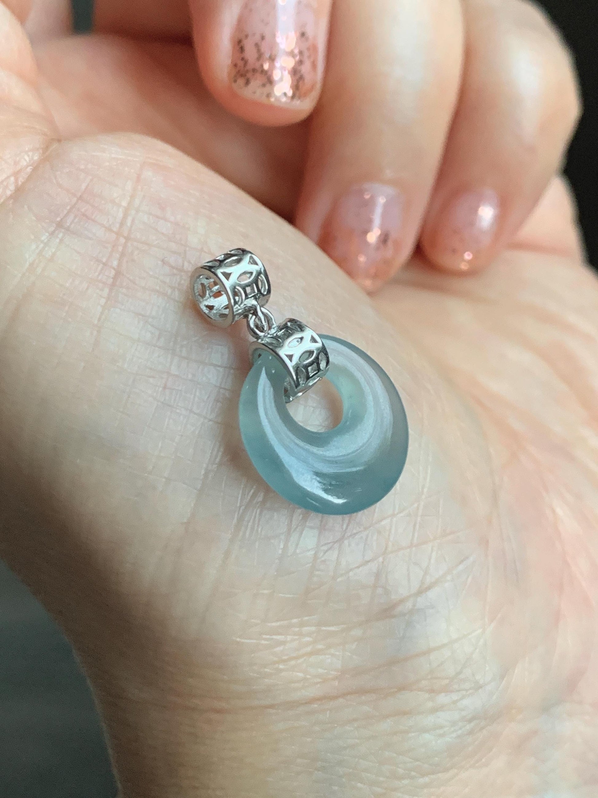Natural Grade A Guatemalan Icy Translucent Pastel Teal Blue Jade Jadeite Ping An Kou Donut Pendant Sterling Silver 天然冰胶危飘蓝翡翠平安扣吊坠 WGZ55A