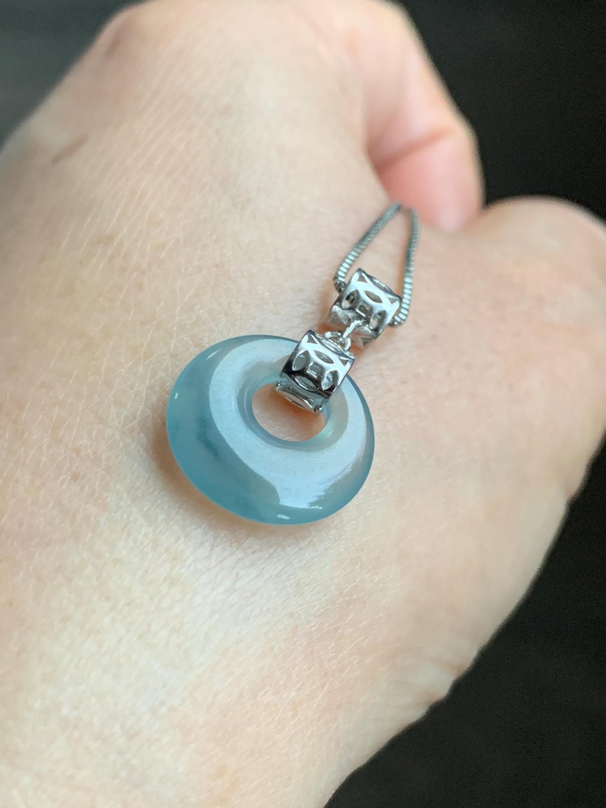Natural Grade A Guatemalan Icy Translucent Pastel Teal Blue Jade Jadeite Ping An Kou Donut Pendant Sterling Silver 天然冰胶危飘蓝翡翠平安扣吊坠 WGZ55A
