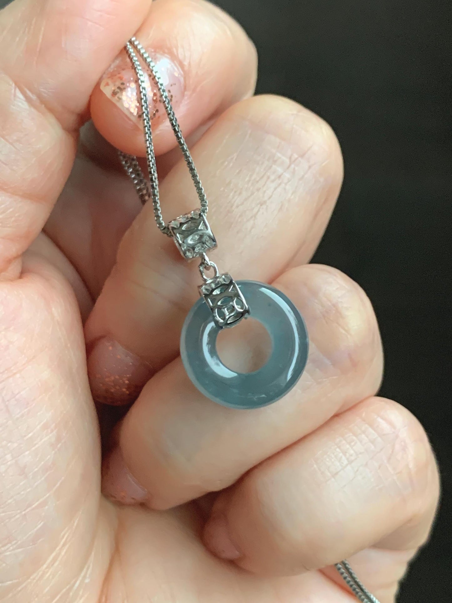 Natural Grade A Guatemalan Icy Translucent Dark Teal Blue Jade Jadeite Ping An Kou Donut Pendant Sterling Silver 天然冰胶危蓝翡翠平安扣吊坠 WTQ85