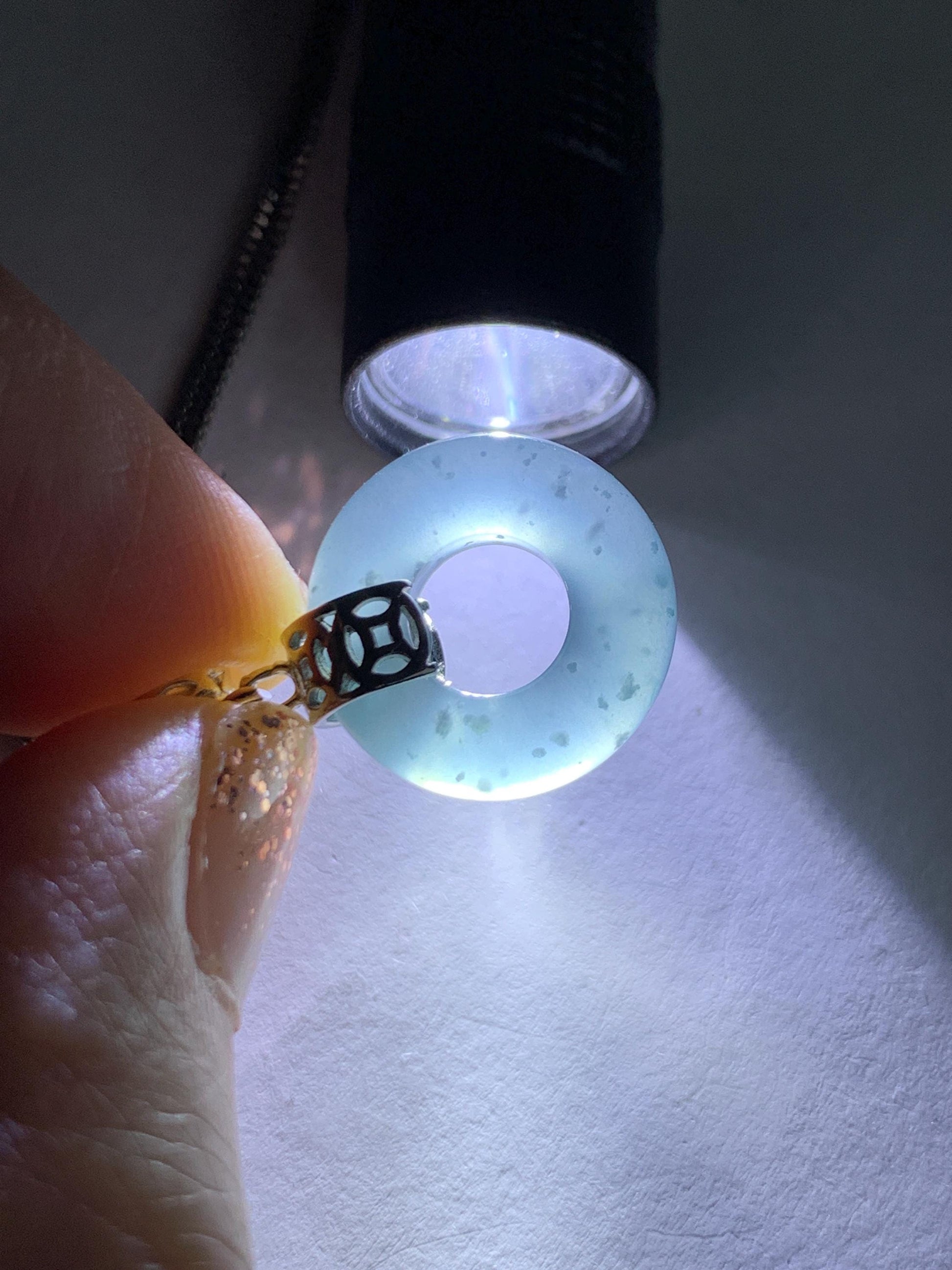 Natural Grade A Guatemalan Icy Translucent Dark Teal Blue Jade Jadeite Ping An Kou Donut Pendant Sterling Silver 天然冰胶危蓝翡翠平安扣吊坠 WTQ85