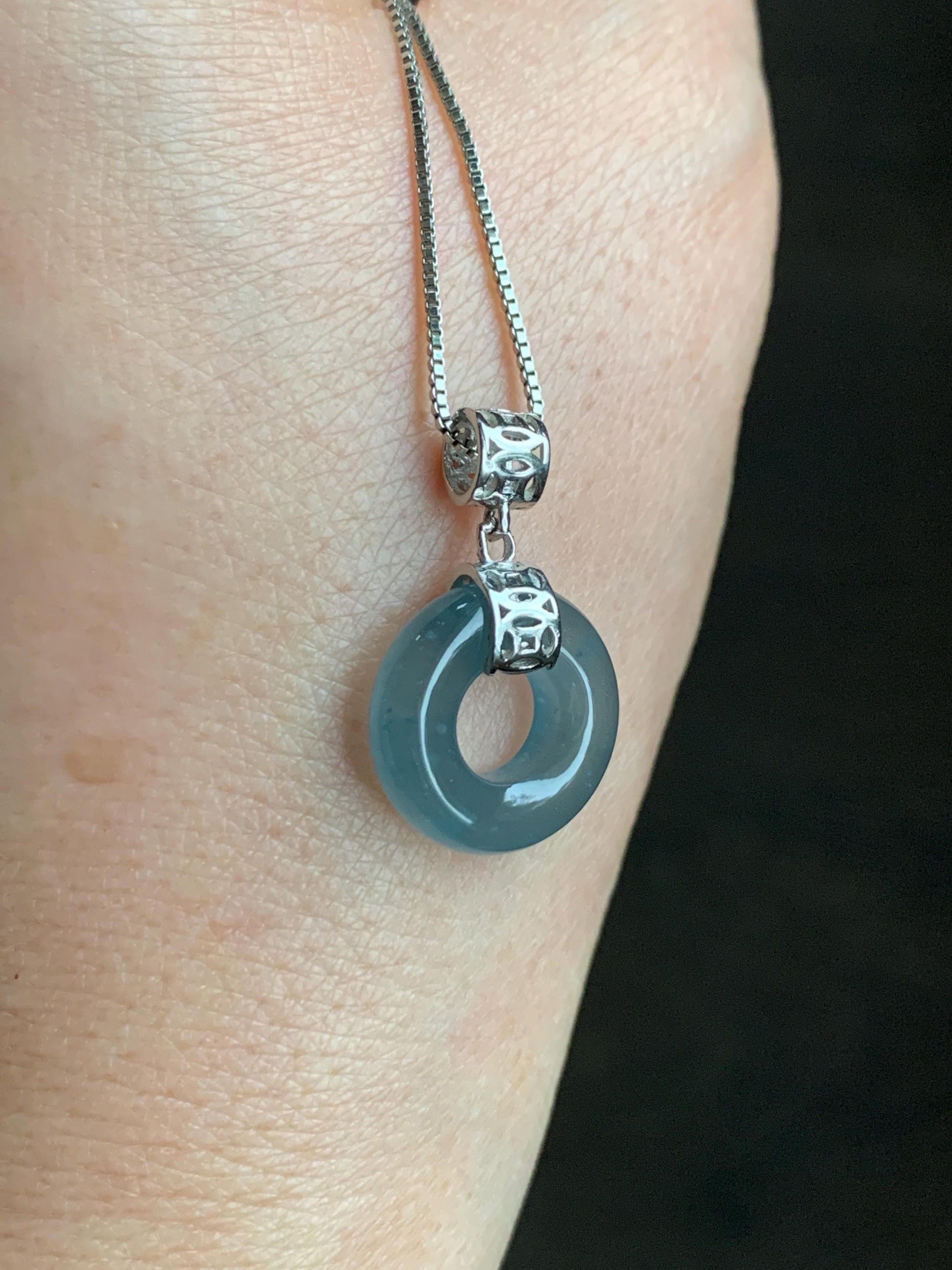 Natural Grade A Guatemalan Icy Translucent Dark Teal Blue Jade Jadeite Ping An Kou Donut Pendant Sterling Silver 天然冰胶危蓝翡翠平安扣吊坠 WTQ85