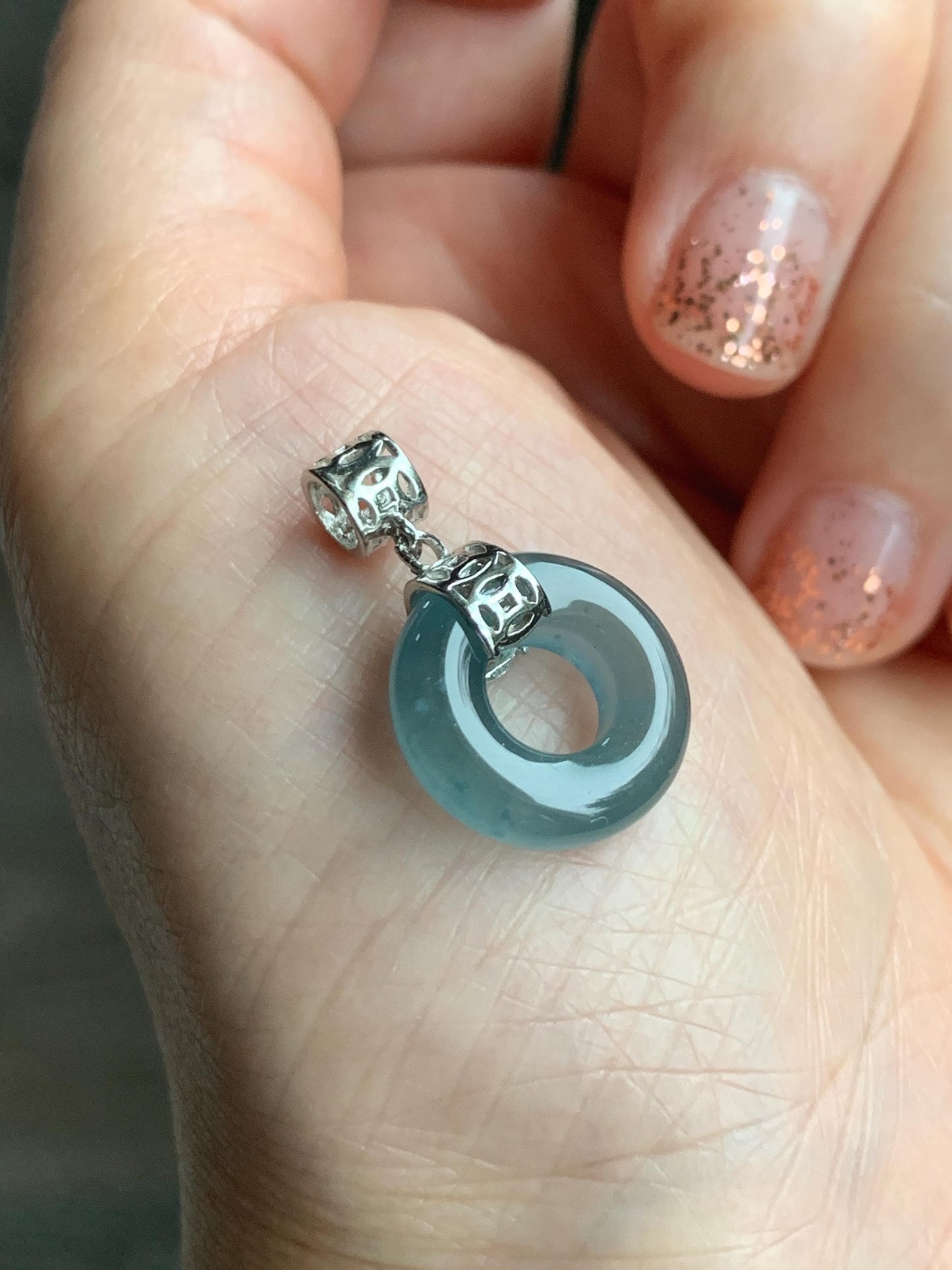 Natural Grade A Guatemalan Icy Translucent Dark Teal Blue Jade Jadeite Ping An Kou Donut Pendant Sterling Silver 天然冰胶危蓝翡翠平安扣吊坠 WTQ85