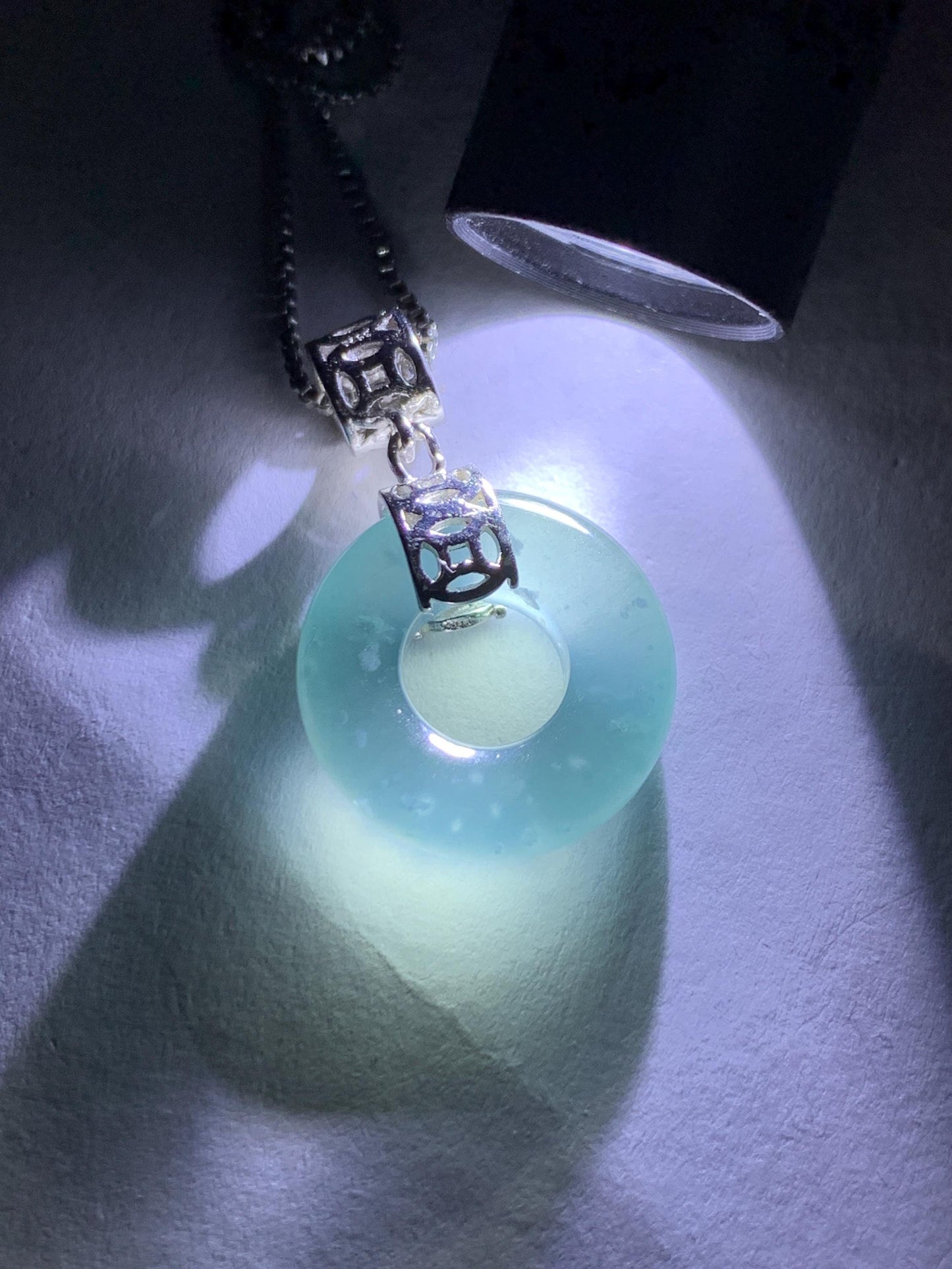 Natural Grade A Guatemalan Icy Translucent Dark Teal Blue Jade Jadeite Ping An Kou Donut Pendant Sterling Silver 天然冰胶危蓝翡翠平安扣吊坠 WTQ85