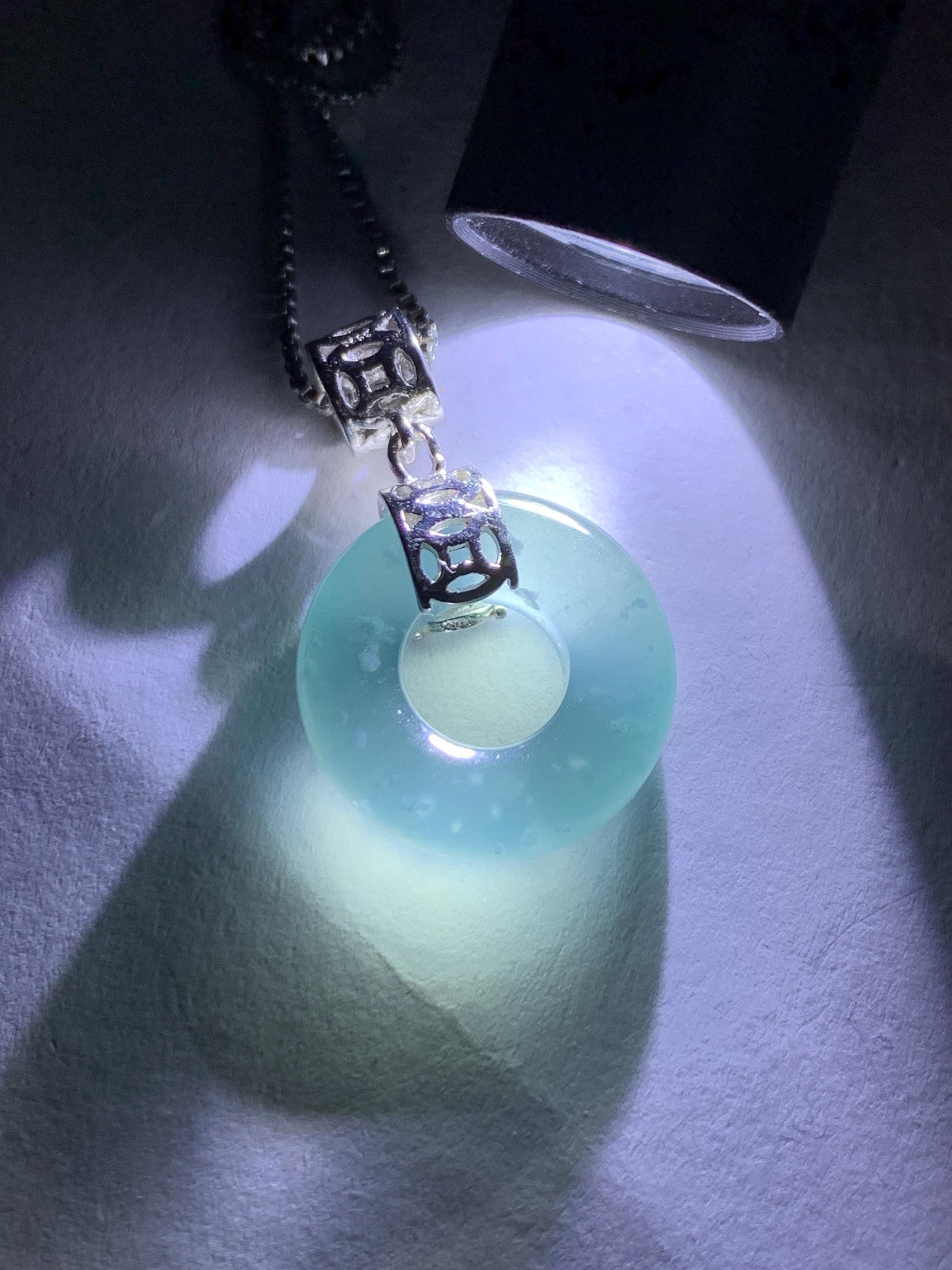 Natural Grade A Guatemalan Icy Translucent Dark Teal Blue Jade Jadeite Ping An Kou Donut Pendant Sterling Silver 天然冰胶危蓝翡翠平安扣吊坠 WTQ85