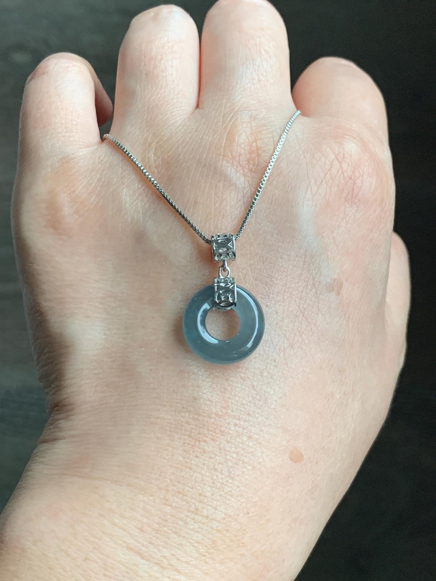 Natural Grade A Guatemalan Icy Translucent Dark Teal Blue Jade Jadeite Ping An Kou Donut Pendant Sterling Silver 天然冰胶危蓝翡翠平安扣吊坠 WTQ85