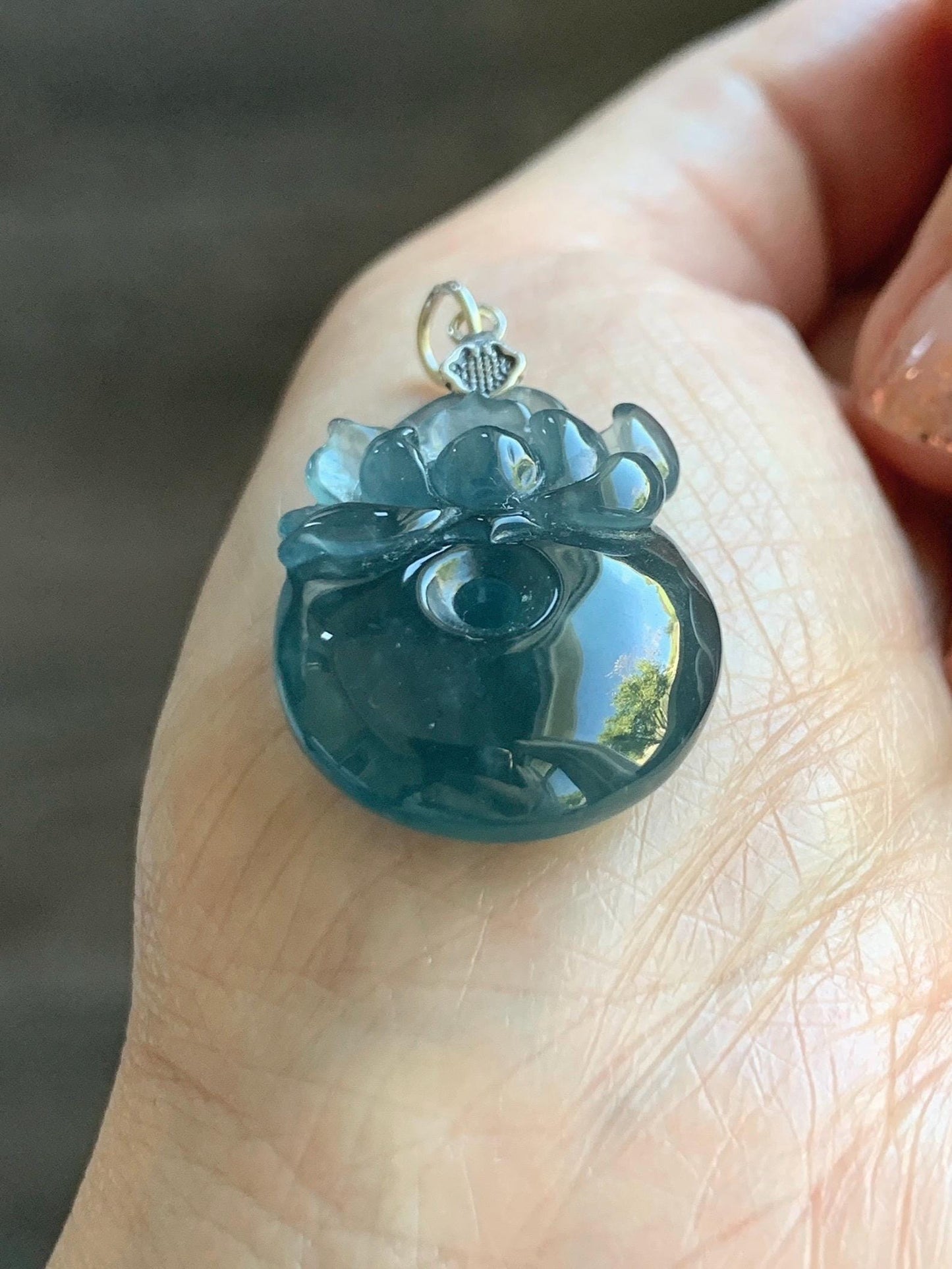 Natural Type A Guatemalan Icy Translucent Aegean Blue Jadeite Lotus Flower Ping An Kou Donut Pendant Sterling Silver 天然冰危牛仔蓝翡翠莲花平安扣吊坠DWH369A