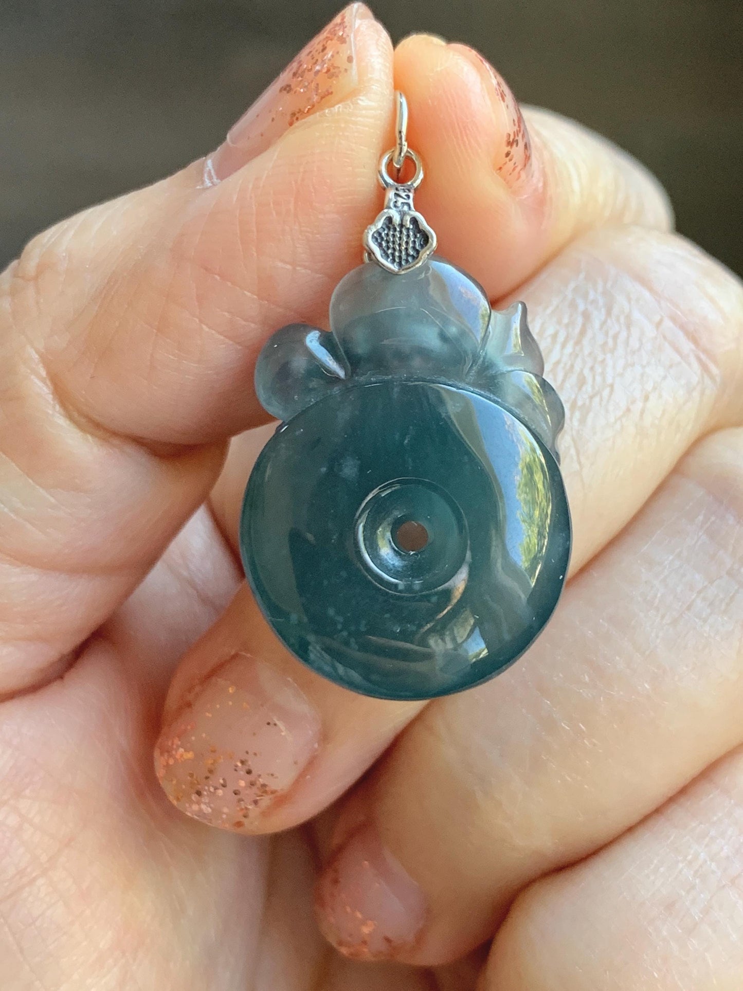 Natural Type A Guatemalan Icy Translucent Aegean Blue Jadeite Lotus Flower Ping An Kou Donut Pendant Sterling Silver 天然冰危牛仔蓝翡翠莲花平安扣吊坠DWH369A
