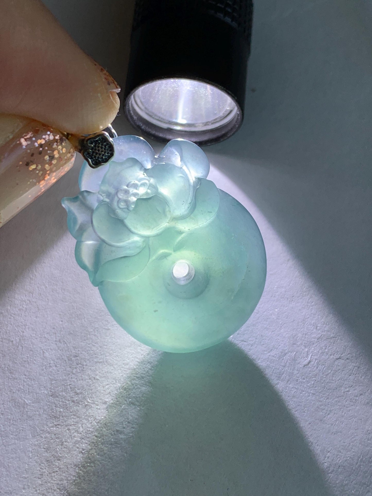 Natural Type A Guatemalan Icy Translucent Aegean Blue Jadeite Lotus Flower Ping An Kou Donut Pendant Sterling Silver 天然冰危牛仔蓝翡翠莲花平安扣吊坠DWH369A