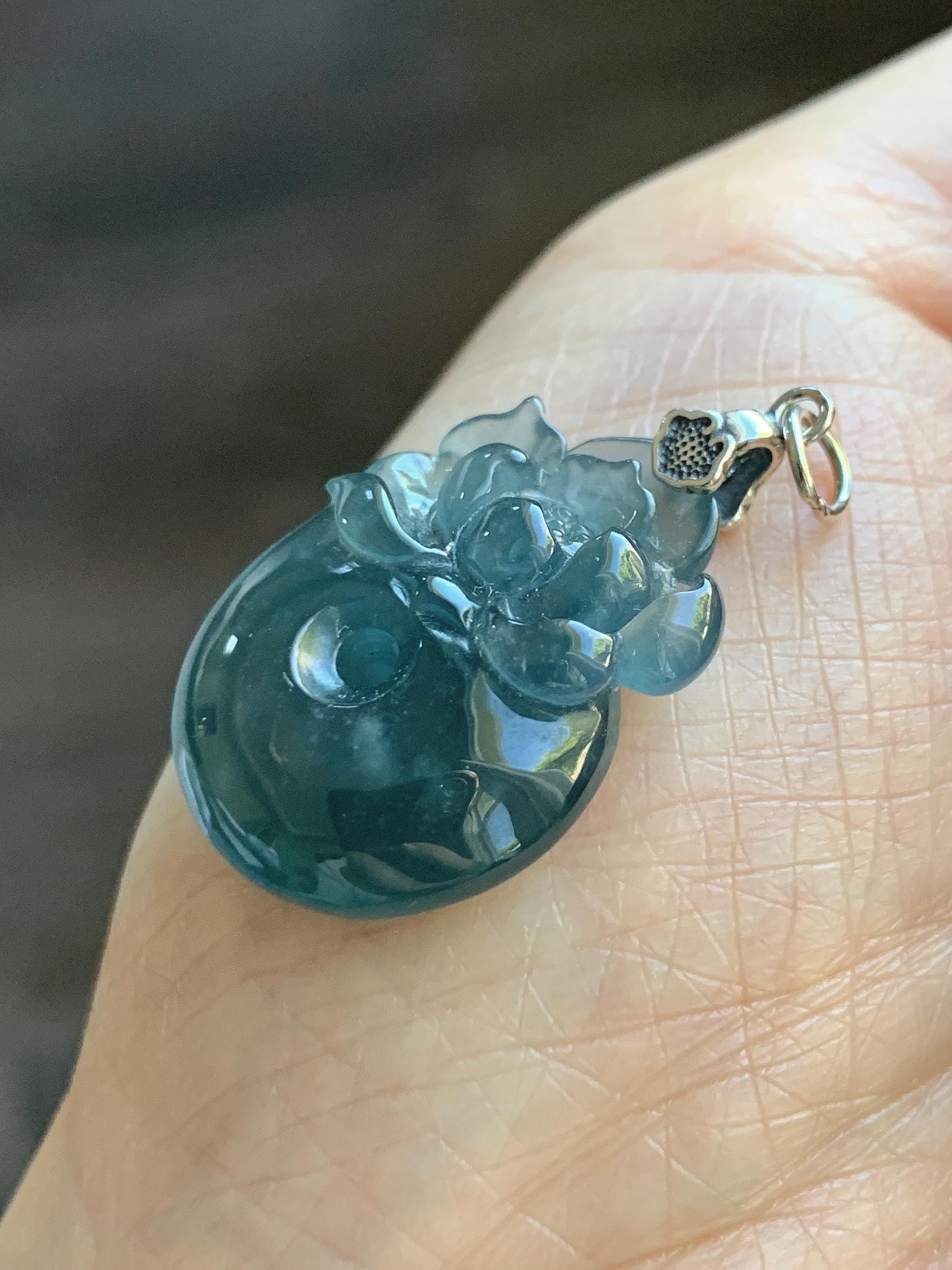 Natural Type A Guatemalan Icy Translucent Aegean Blue Jadeite Lotus Flower Ping An Kou Donut Pendant Sterling Silver 天然冰危牛仔蓝翡翠莲花平安扣吊坠DWH369A