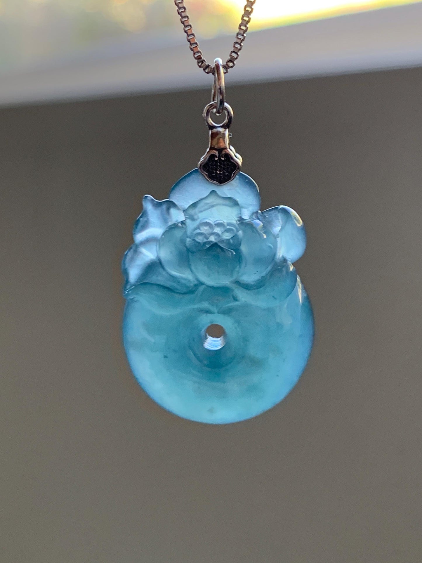 Natural Type A Guatemalan Icy Translucent Aegean Blue Jadeite Lotus Flower Ping An Kou Donut Pendant Sterling Silver 天然冰危牛仔蓝翡翠莲花平安扣吊坠DWH369A