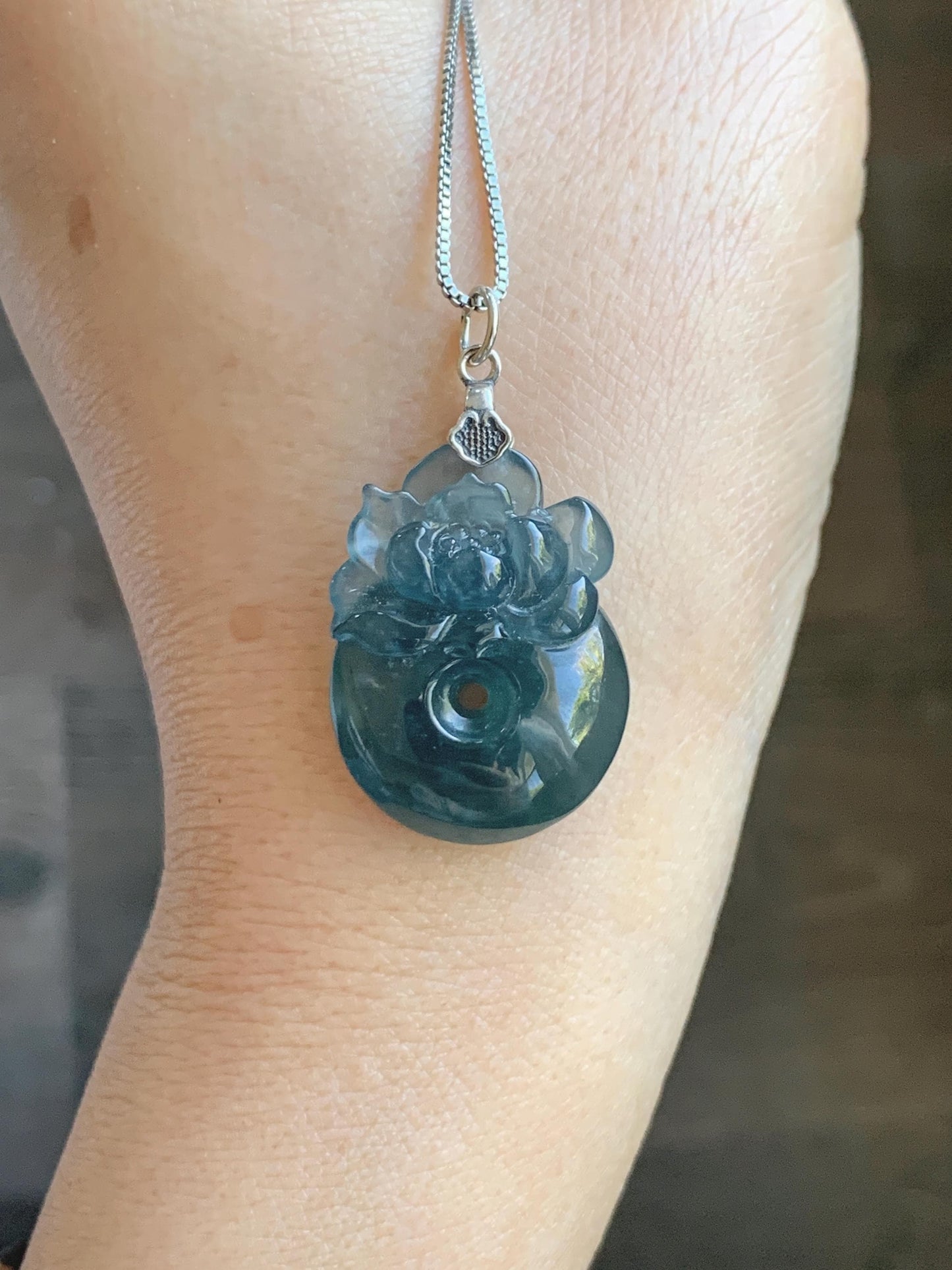 Natural Type A Guatemalan Icy Translucent Aegean Blue Jadeite Lotus Flower Ping An Kou Donut Pendant Sterling Silver 天然冰危牛仔蓝翡翠莲花平安扣吊坠DWH369A