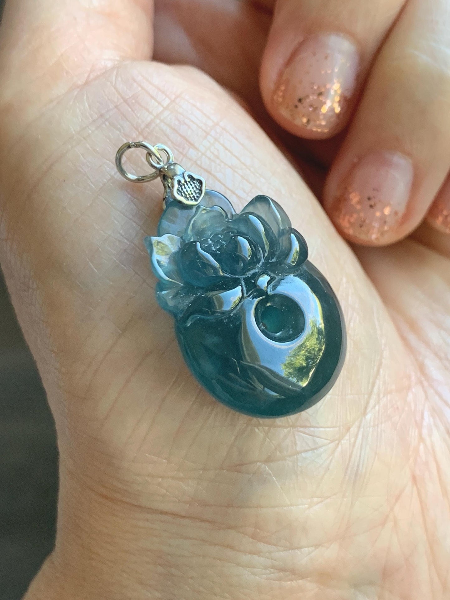 Natural Type A Guatemalan Icy Translucent Aegean Blue Jadeite Lotus Flower Ping An Kou Donut Pendant Sterling Silver 天然冰危牛仔蓝翡翠莲花平安扣吊坠DWH369A