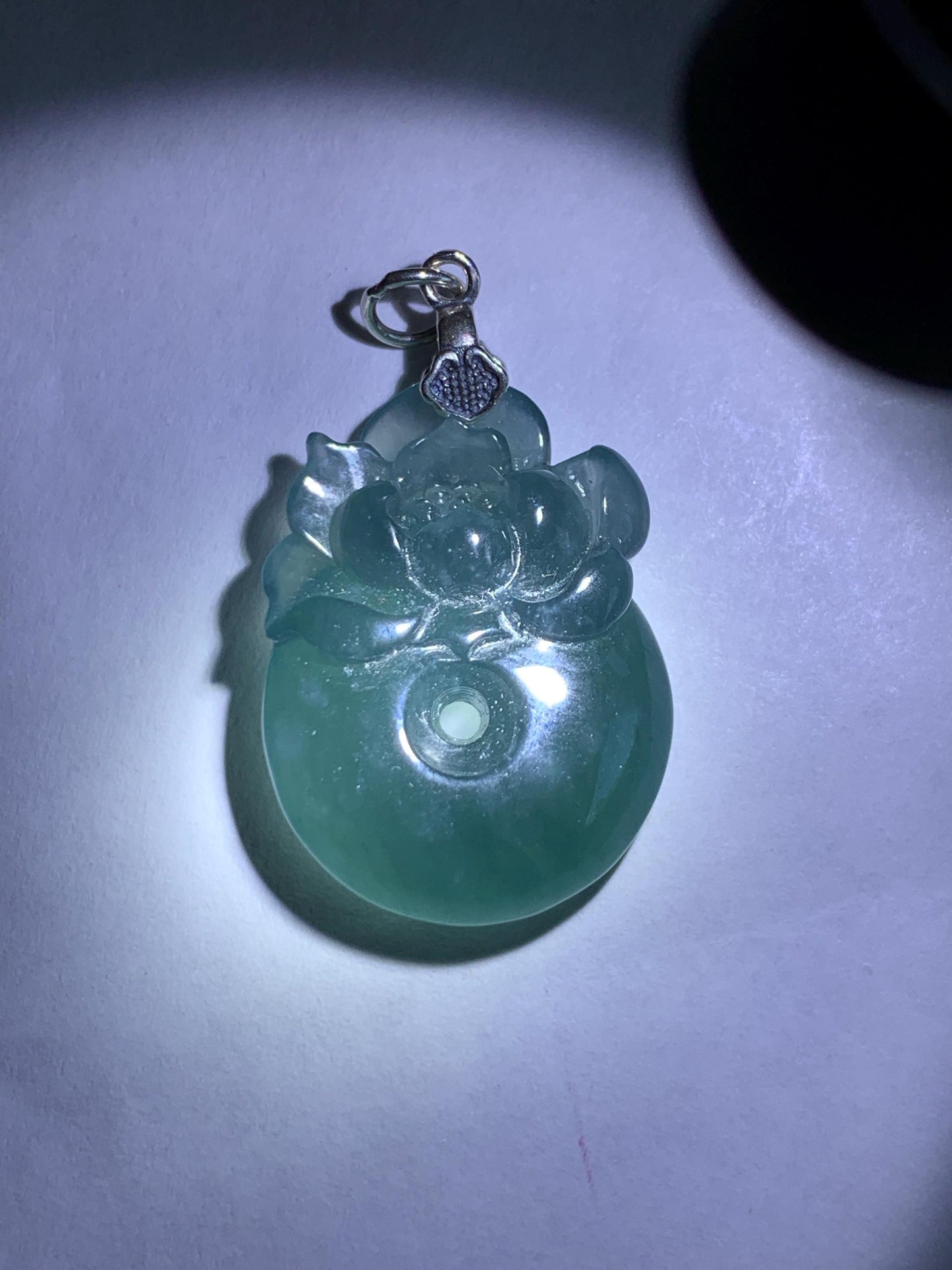 Natural Type A Guatemalan Icy Translucent Aegean Blue Jadeite Lotus Flower Ping An Kou Donut Pendant Sterling Silver 天然冰危牛仔蓝翡翠莲花平安扣吊坠DWH369A