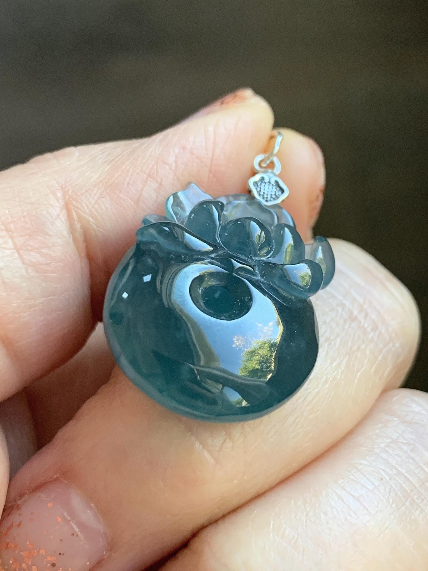 Natural Type A Guatemalan Icy Translucent Aegean Blue Jadeite Lotus Flower Ping An Kou Donut Pendant Sterling Silver 天然冰危牛仔蓝翡翠莲花平安扣吊坠DWH369A