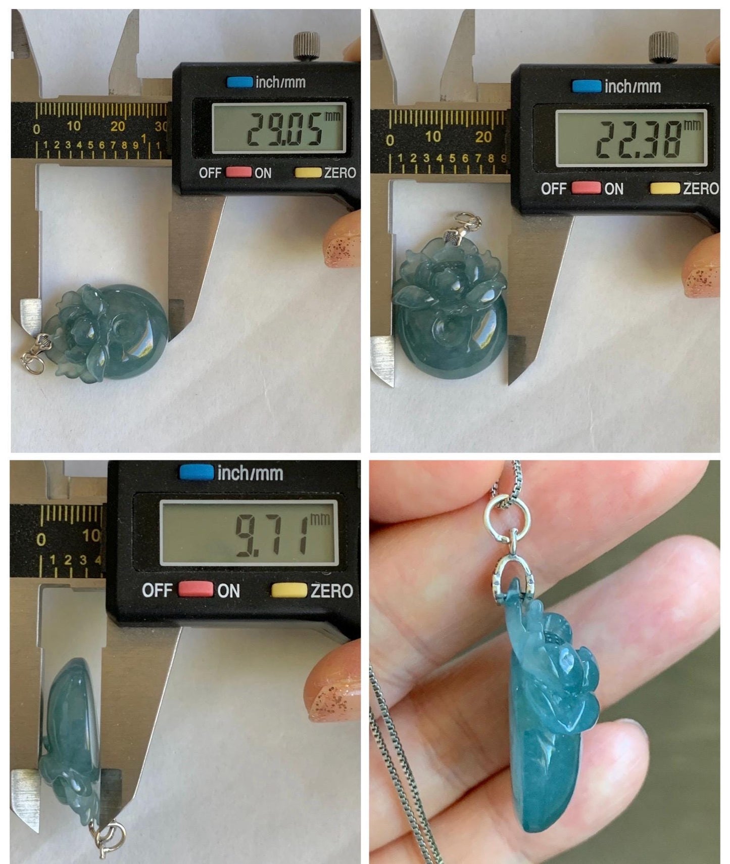 Natural Type A Guatemalan Icy Translucent Teal Blue Jadeite Lotus Flower Ping An Kou Donut Pendant Sterling Silver 天然冰危蓝翡翠莲花平安扣吊坠 DWH369B