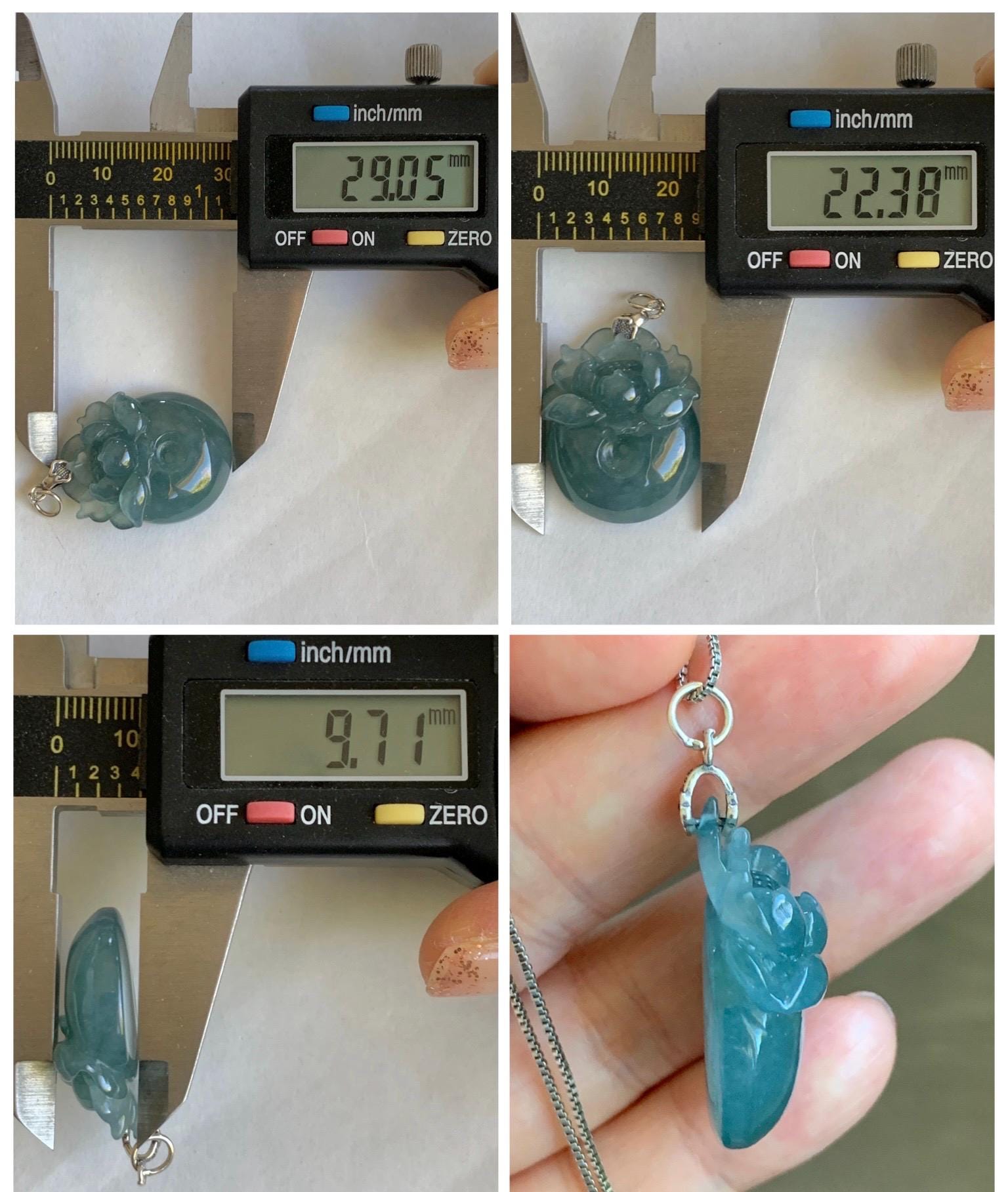 Natural Type A Guatemalan Icy Translucent Teal Blue Jadeite Lotus Flower Ping An Kou Donut Pendant Sterling Silver 天然冰危蓝翡翠莲花平安扣吊坠 DWH369B