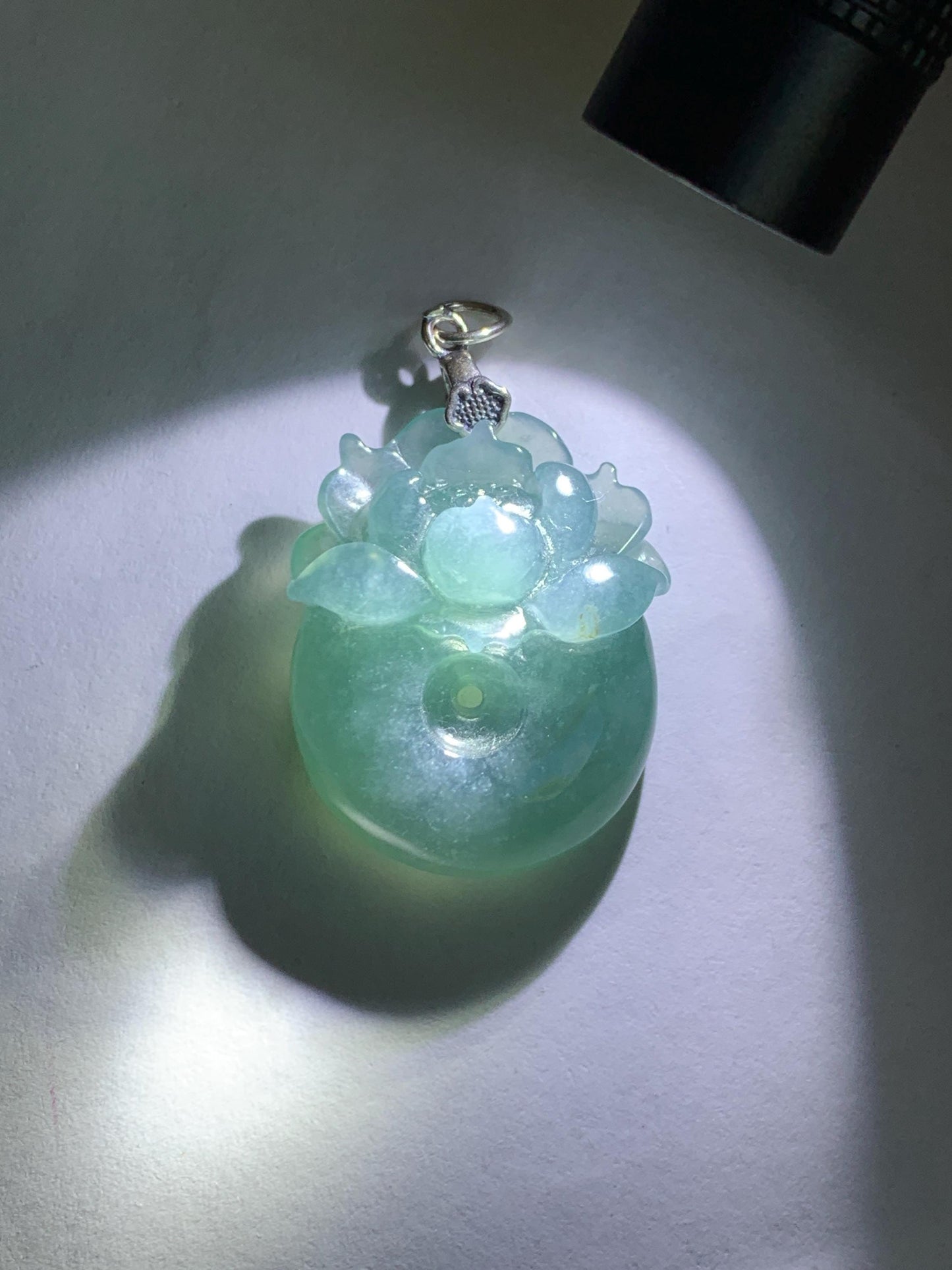 Natural Type A Guatemalan Icy Translucent Teal Blue Jadeite Lotus Flower Ping An Kou Donut Pendant Sterling Silver 天然冰危蓝翡翠莲花平安扣吊坠 DWH369B