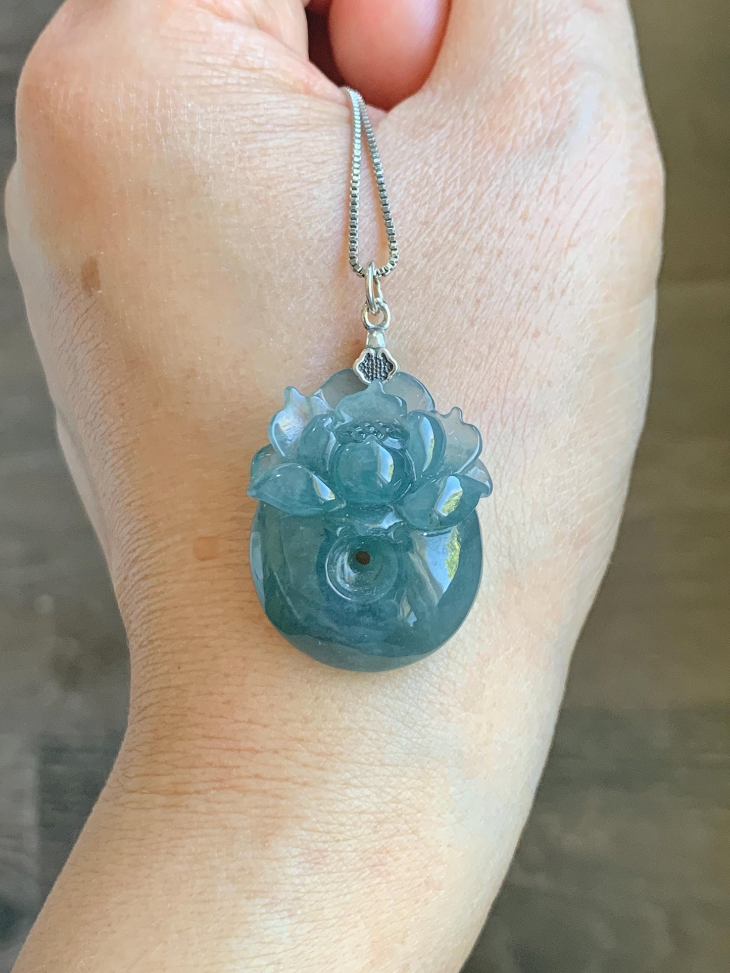 Natural Type A Guatemalan Icy Translucent Teal Blue Jadeite Lotus Flower Ping An Kou Donut Pendant Sterling Silver 天然冰危蓝翡翠莲花平安扣吊坠 DWH369B