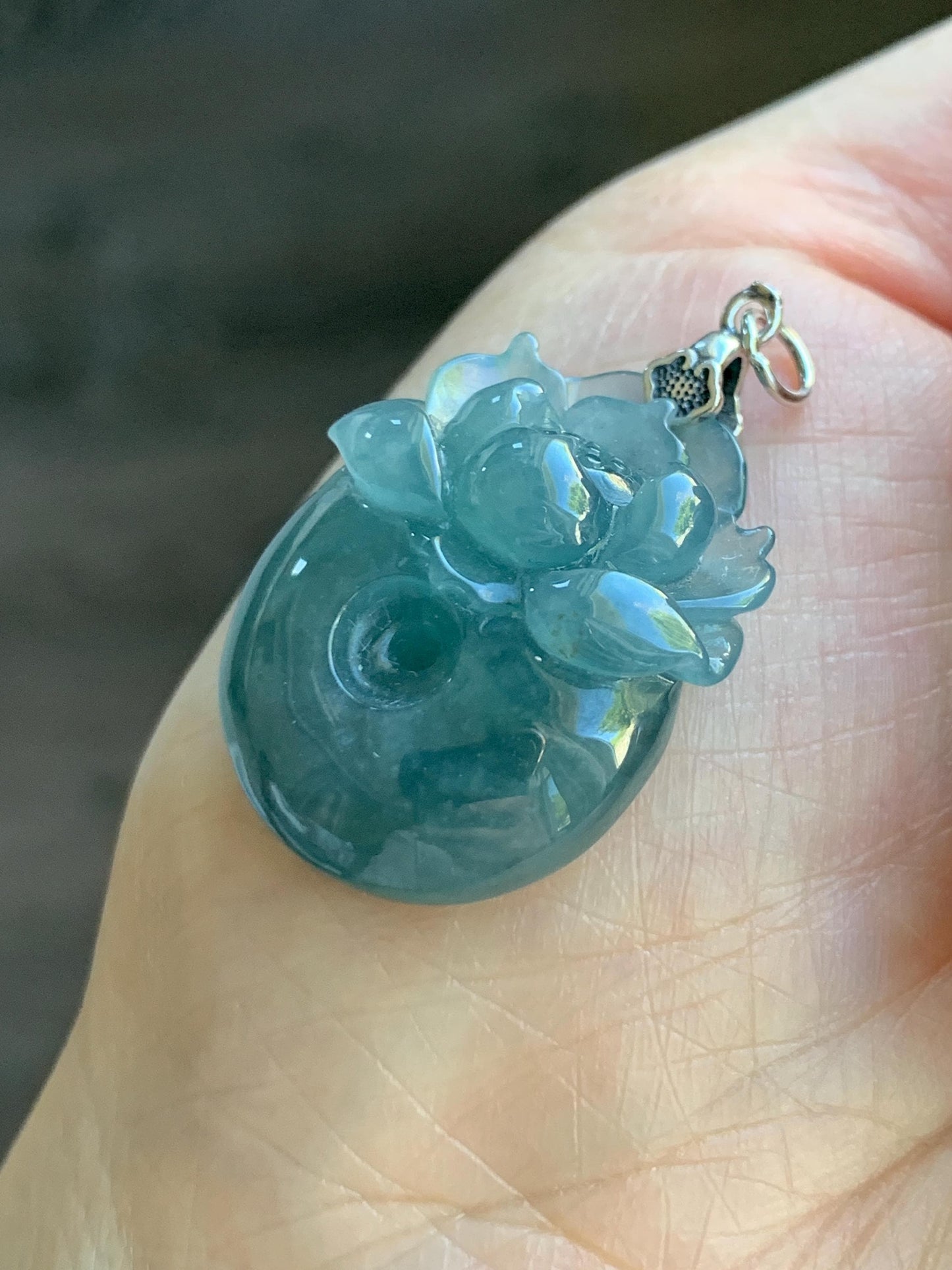 Natural Type A Guatemalan Icy Translucent Teal Blue Jadeite Lotus Flower Ping An Kou Donut Pendant Sterling Silver 天然冰危蓝翡翠莲花平安扣吊坠 DWH369B