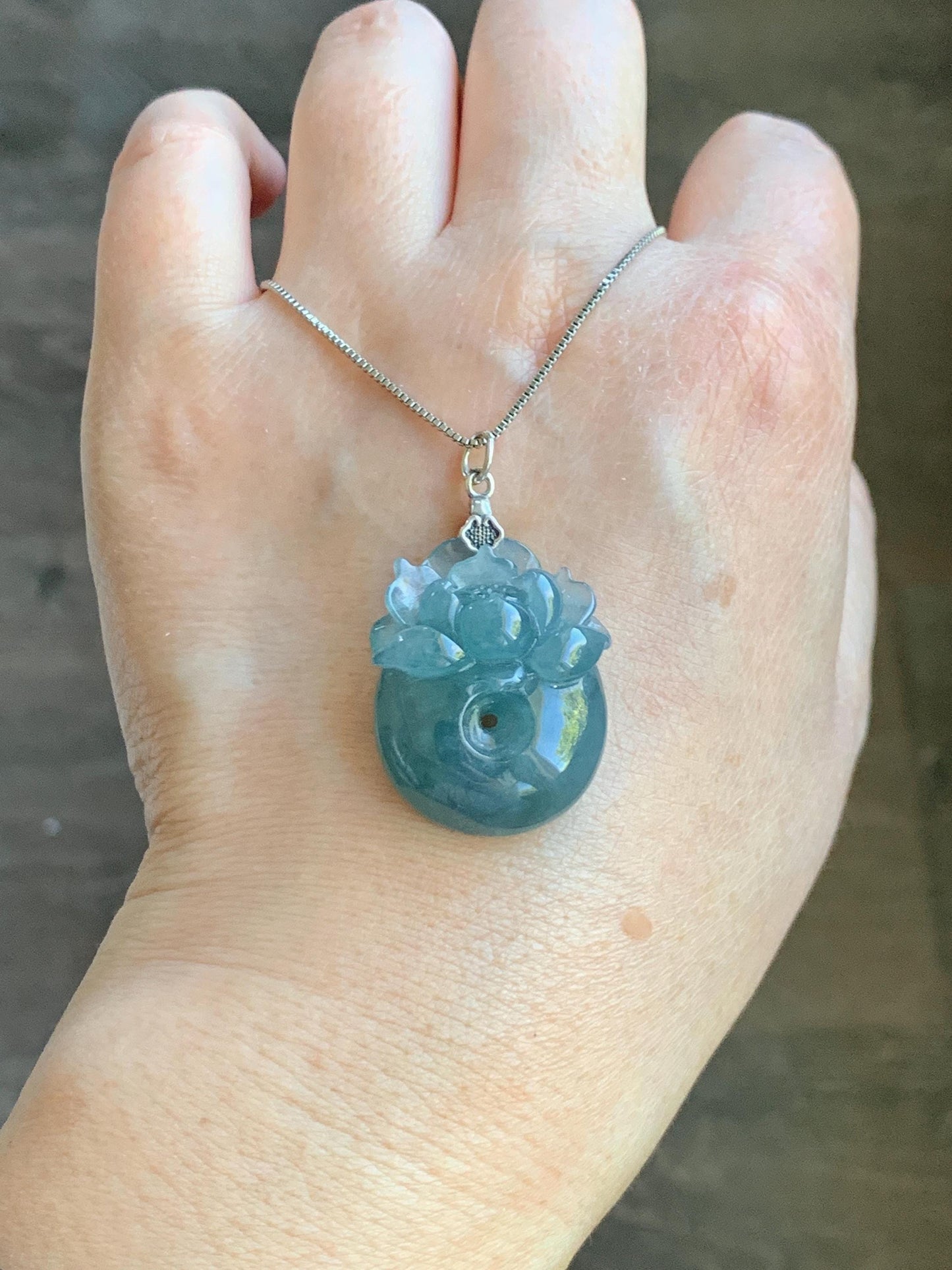 Natural Type A Guatemalan Icy Translucent Teal Blue Jadeite Lotus Flower Ping An Kou Donut Pendant Sterling Silver 天然冰危蓝翡翠莲花平安扣吊坠 DWH369B