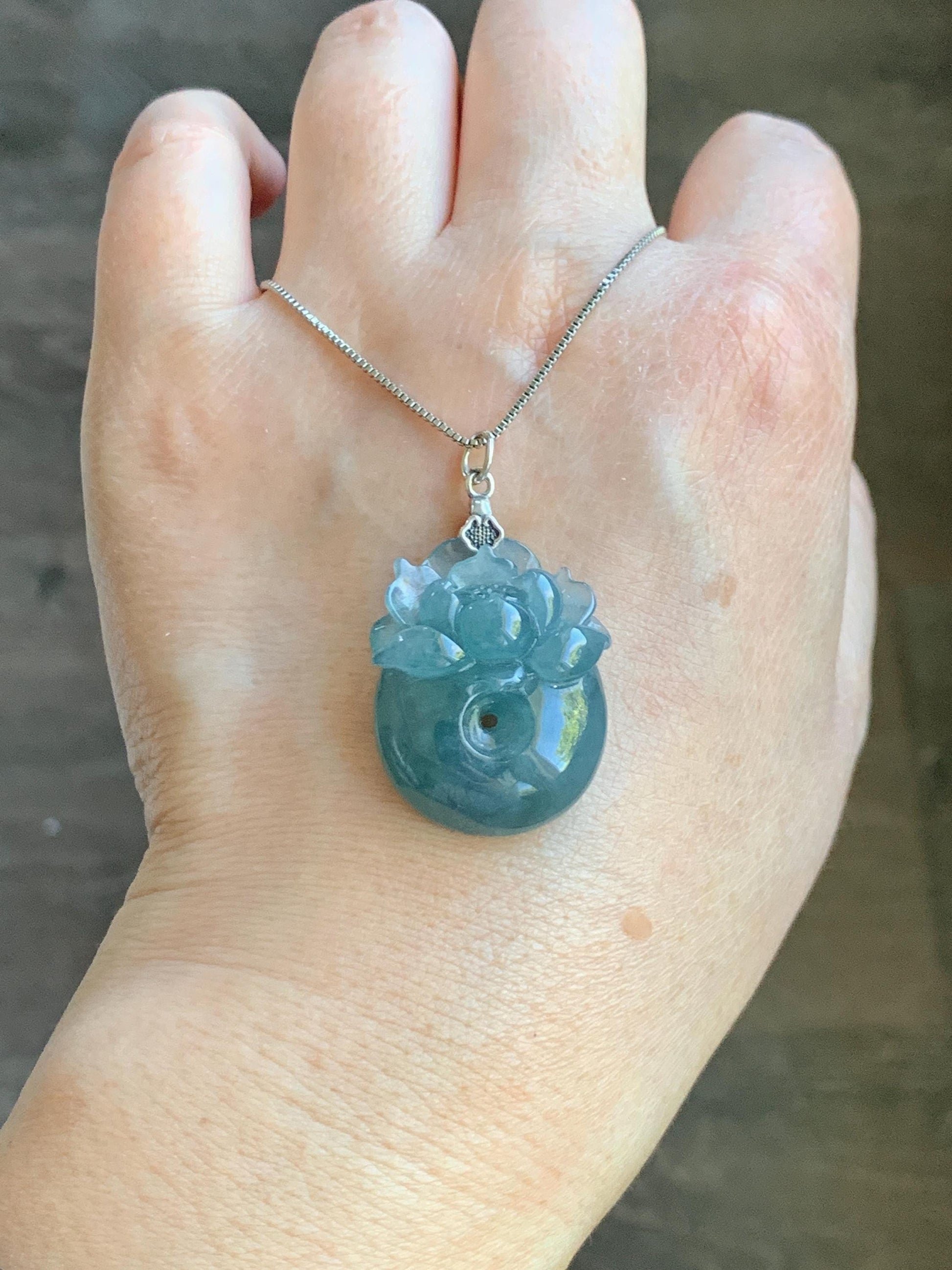 Natural Type A Guatemalan Icy Translucent Teal Blue Jadeite Lotus Flower Ping An Kou Donut Pendant Sterling Silver 天然冰危蓝翡翠莲花平安扣吊坠 DWH369B