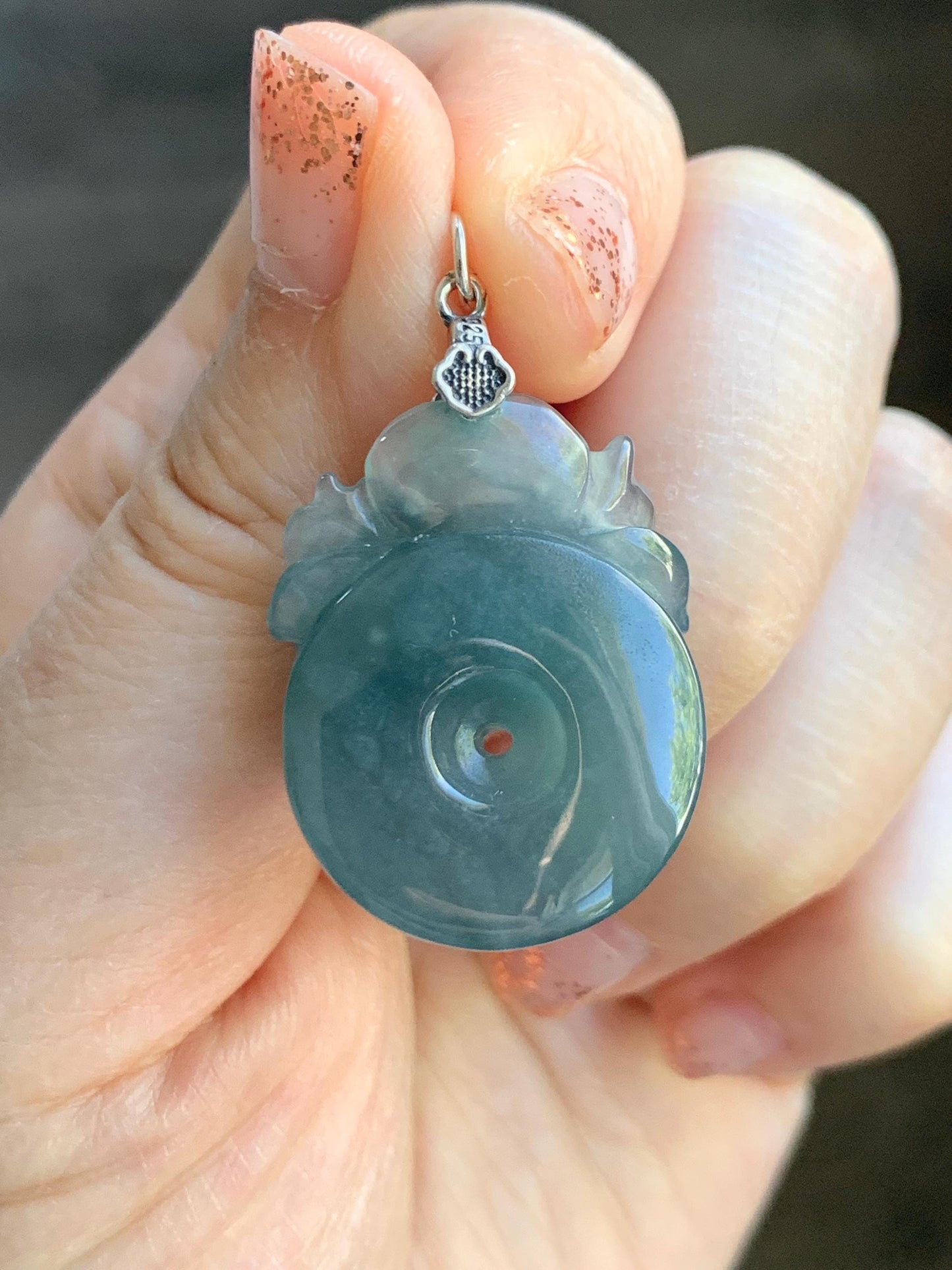 Natural Type A Guatemalan Icy Translucent Teal Blue Jadeite Lotus Flower Ping An Kou Donut Pendant Sterling Silver 天然冰危蓝翡翠莲花平安扣吊坠 DWH369B