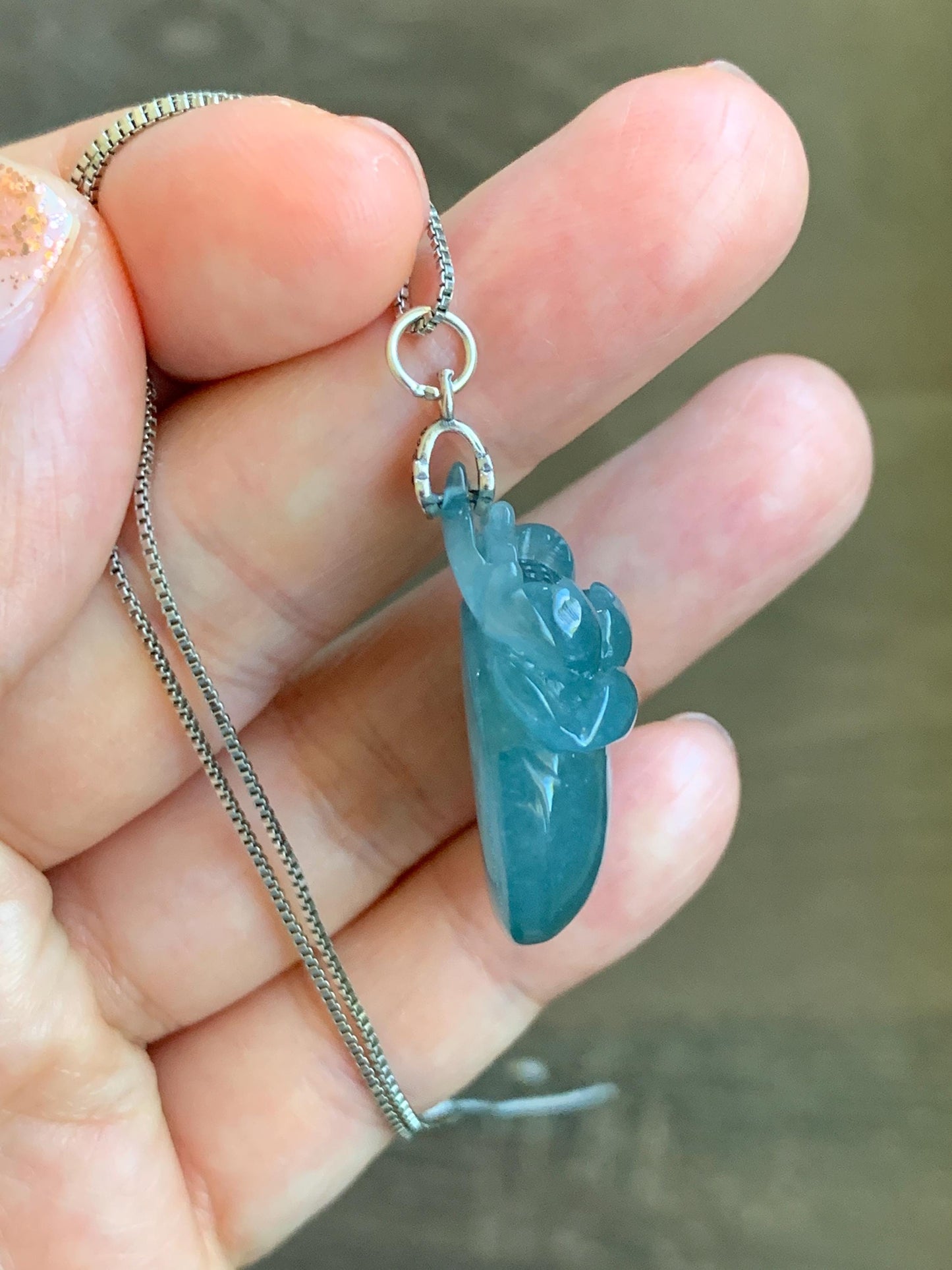 Natural Type A Guatemalan Icy Translucent Teal Blue Jadeite Lotus Flower Ping An Kou Donut Pendant Sterling Silver 天然冰危蓝翡翠莲花平安扣吊坠 DWH369B