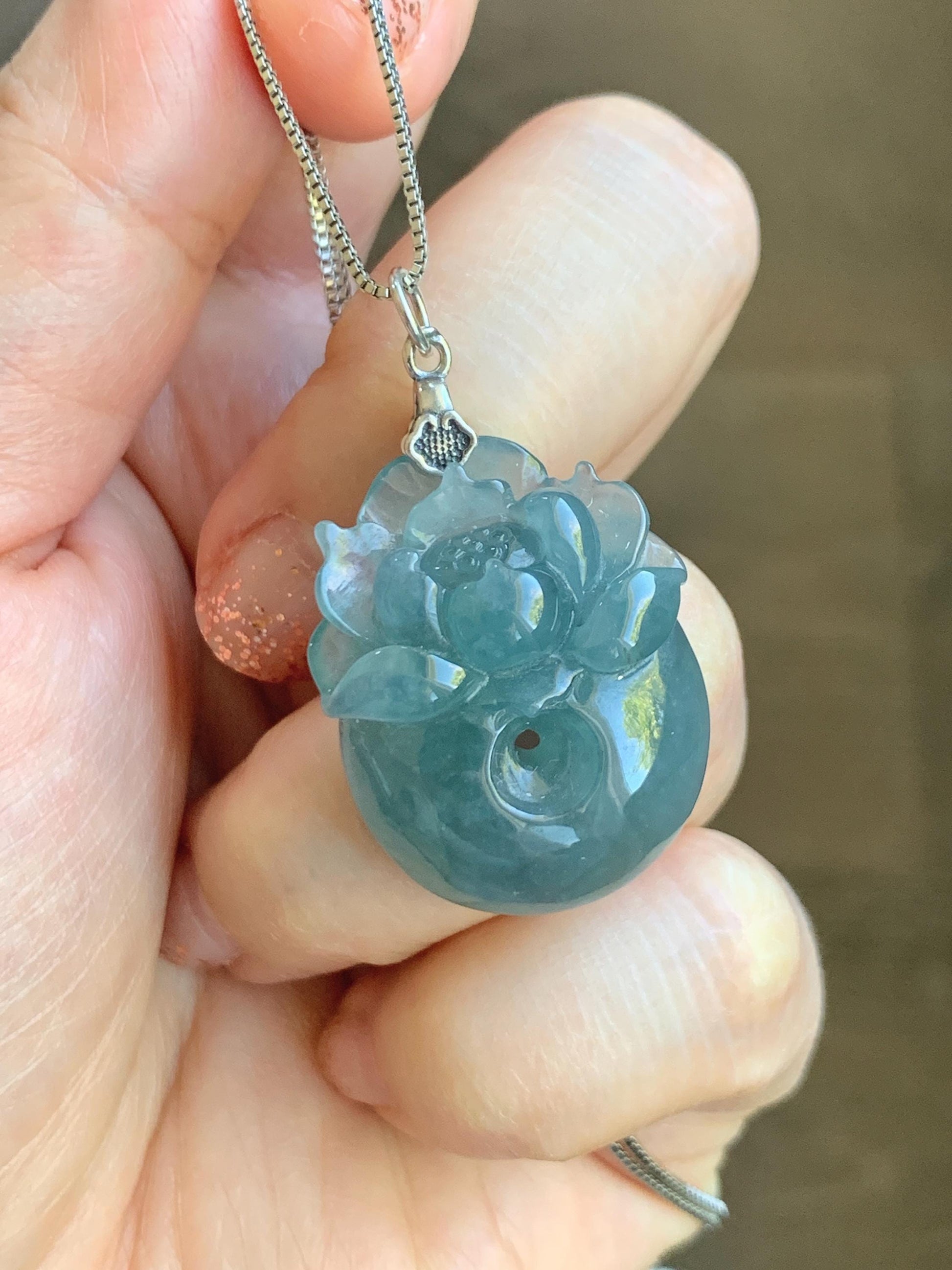 Natural Type A Guatemalan Icy Translucent Teal Blue Jadeite Lotus Flower Ping An Kou Donut Pendant Sterling Silver 天然冰危蓝翡翠莲花平安扣吊坠 DWH369B