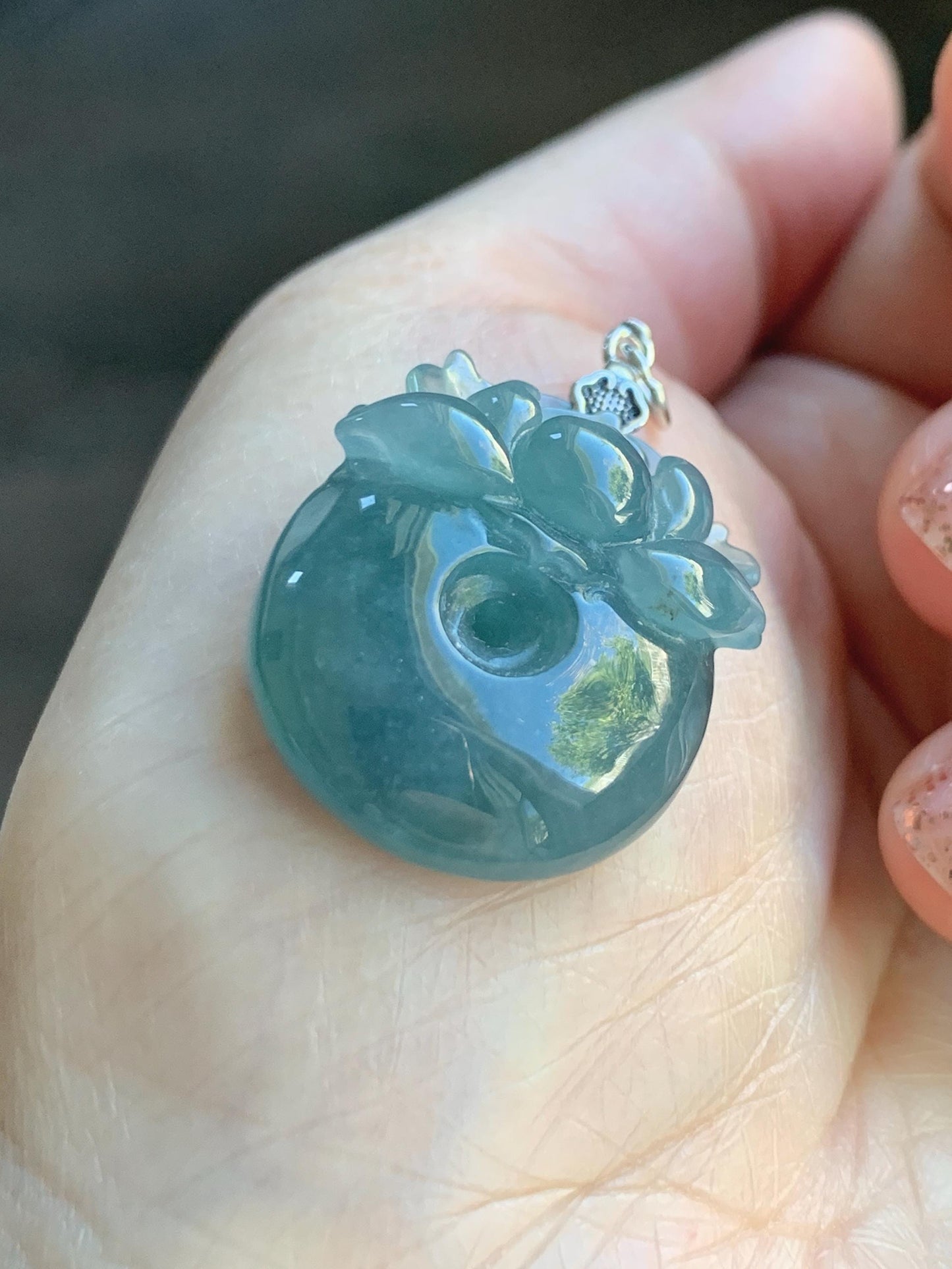 Natural Type A Guatemalan Icy Translucent Teal Blue Jadeite Lotus Flower Ping An Kou Donut Pendant Sterling Silver 天然冰危蓝翡翠莲花平安扣吊坠 DWH369B