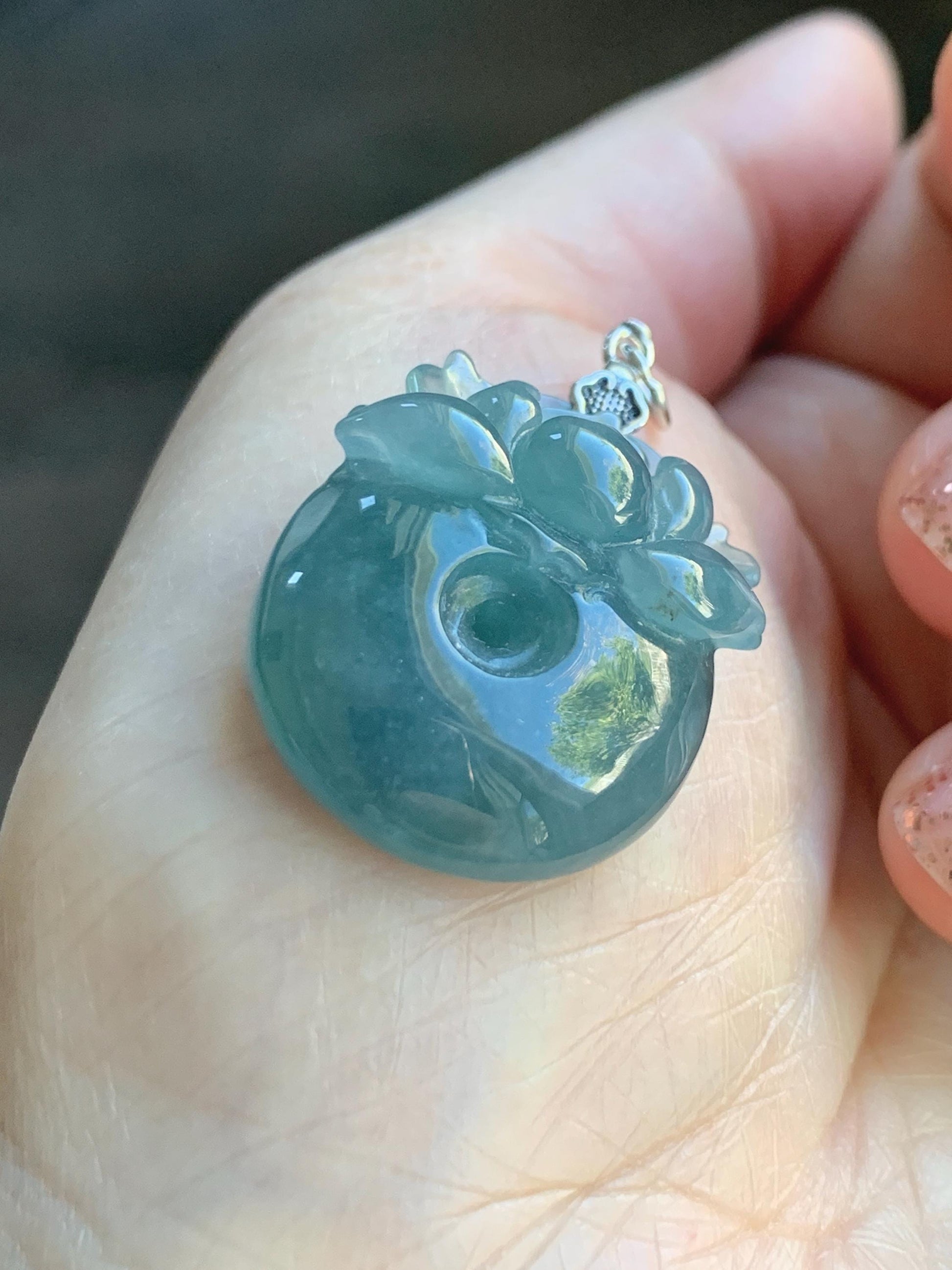Natural Type A Guatemalan Icy Translucent Teal Blue Jadeite Lotus Flower Ping An Kou Donut Pendant Sterling Silver 天然冰危蓝翡翠莲花平安扣吊坠 DWH369B