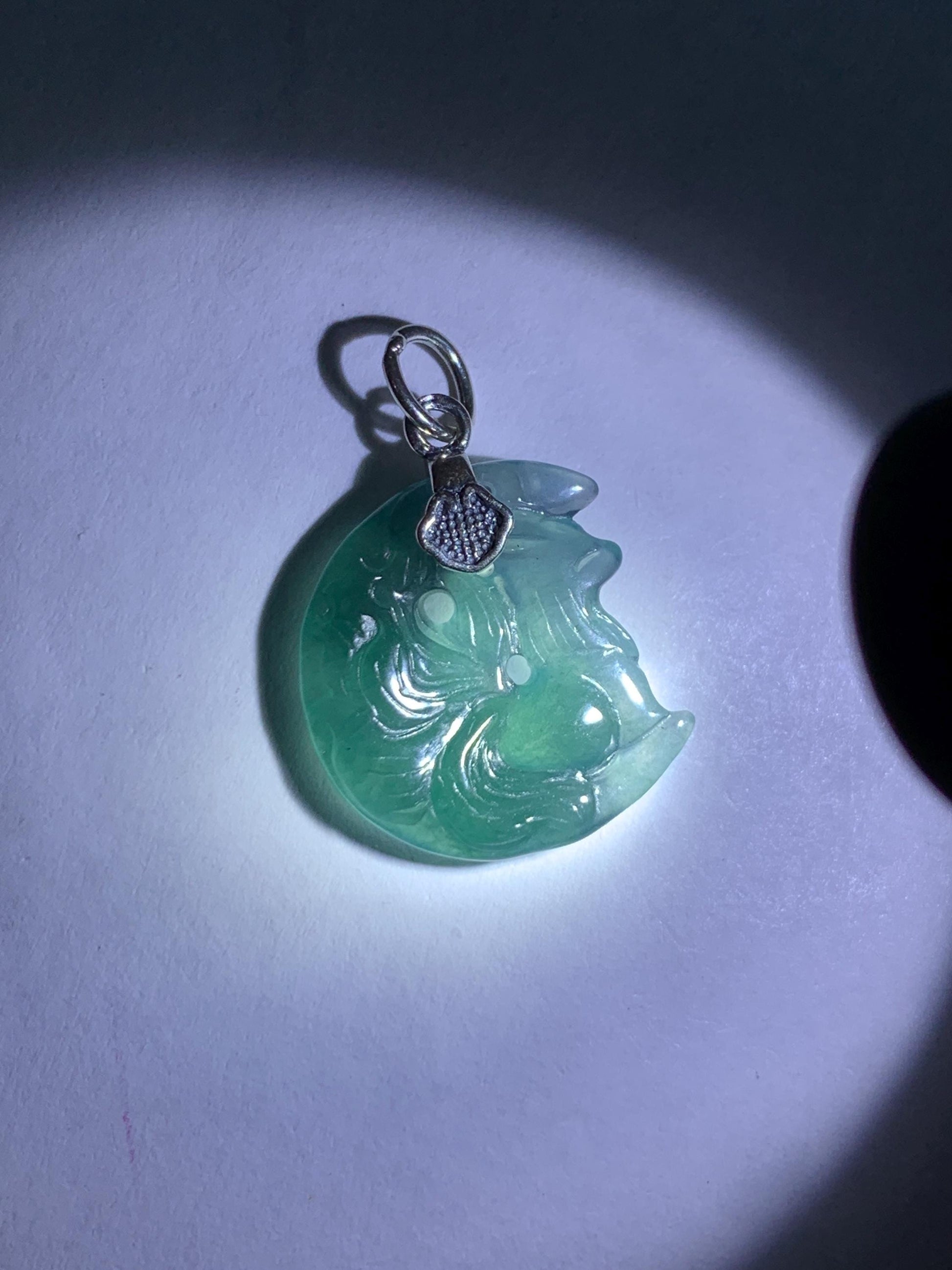 Natural Grade A Guatemalan Icy Translucent Teal Blue Jade Jadeite Nine-tailed Fox Petite Pendant Sterling Silver 天然冰危蓝绿翡翠迷你九尾狐月亮镶嵌吊坠 WXK253J