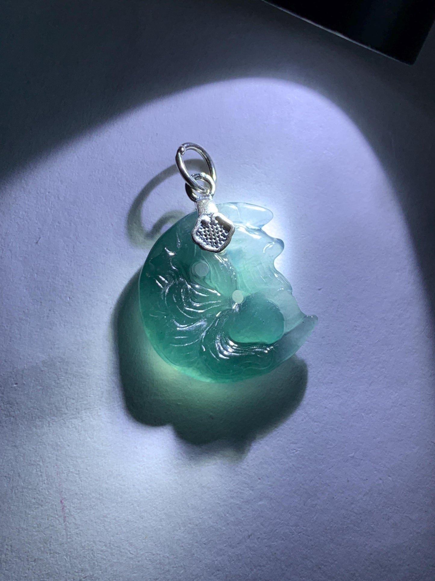 Natural Grade A Guatemalan Icy Translucent Teal Blue Jade Jadeite Nine-tailed Fox Petite Pendant Sterling Silver 天然冰危蓝绿翡翠迷你九尾狐月亮镶嵌吊坠 WXK253J