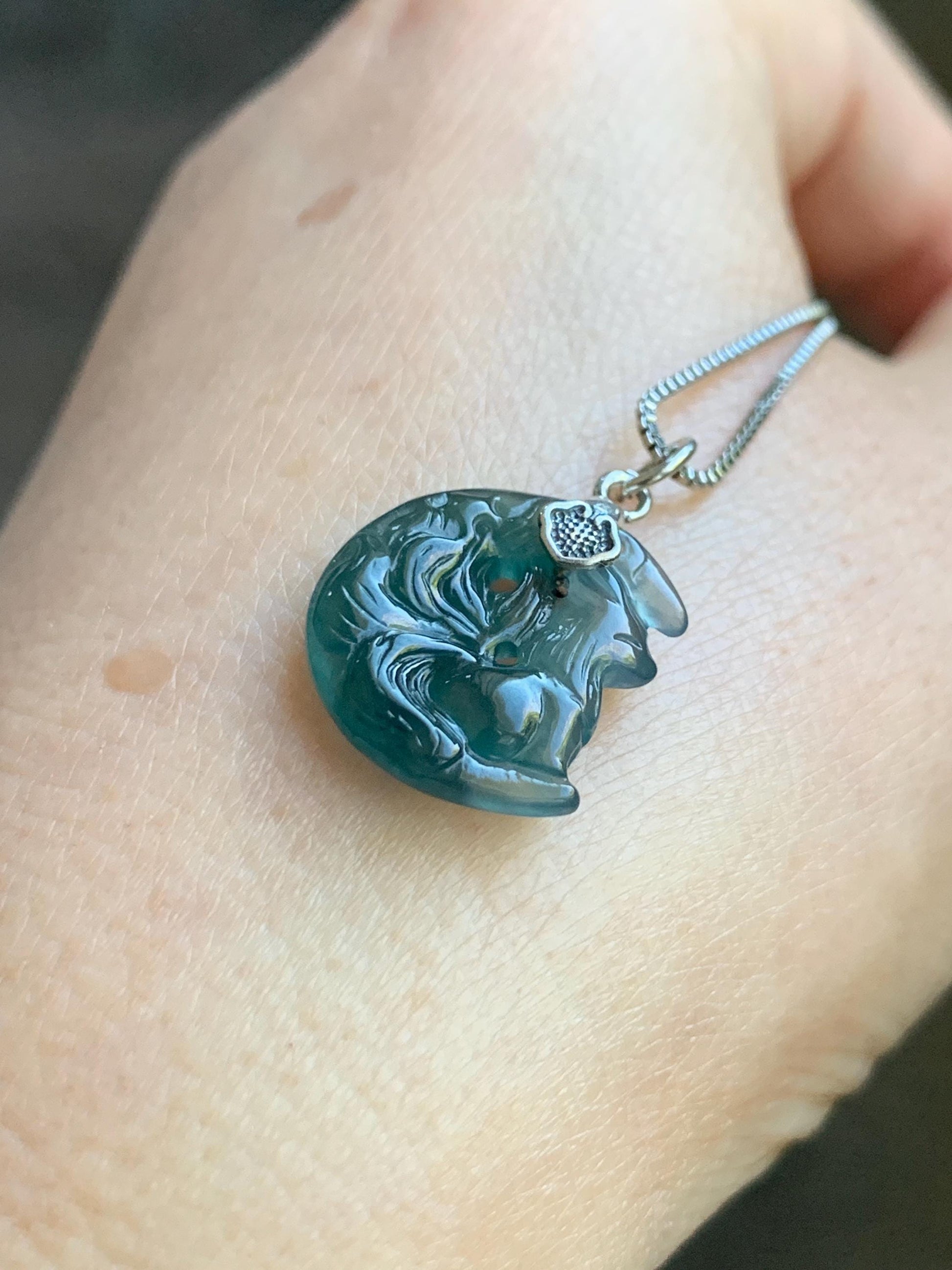 Natural Grade A Guatemalan Icy Translucent Teal Blue Jade Jadeite Nine-tailed Fox Petite Pendant Sterling Silver 天然冰危蓝绿翡翠迷你九尾狐月亮镶嵌吊坠 WXK253J