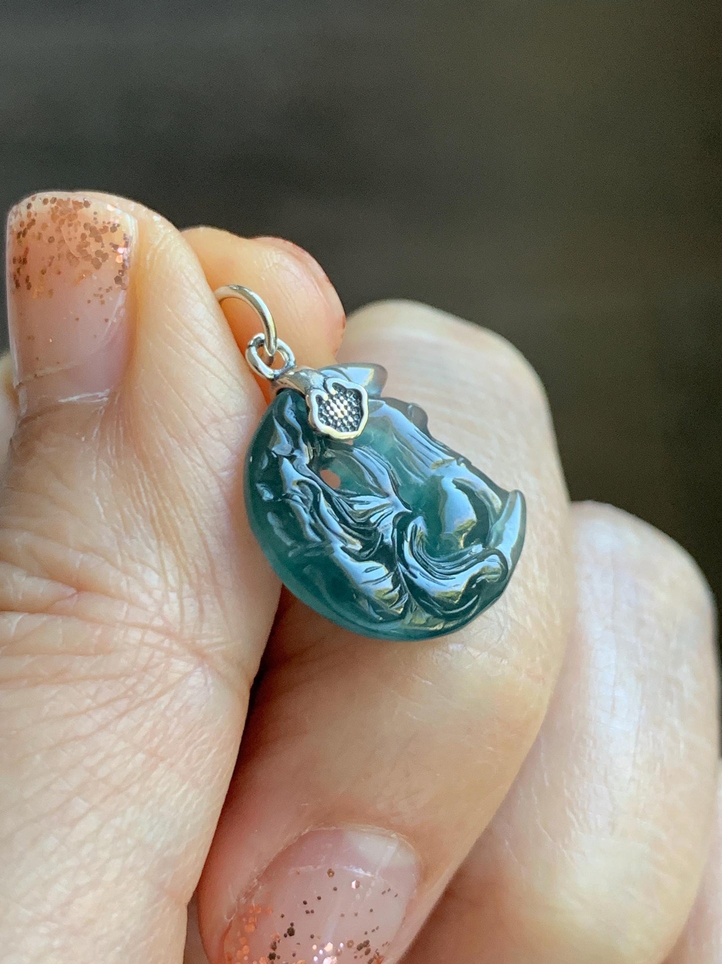 Natural Grade A Guatemalan Icy Translucent Teal Blue Jade Jadeite Nine-tailed Fox Petite Pendant Sterling Silver 天然冰危蓝绿翡翠迷你九尾狐月亮镶嵌吊坠 WXK253J