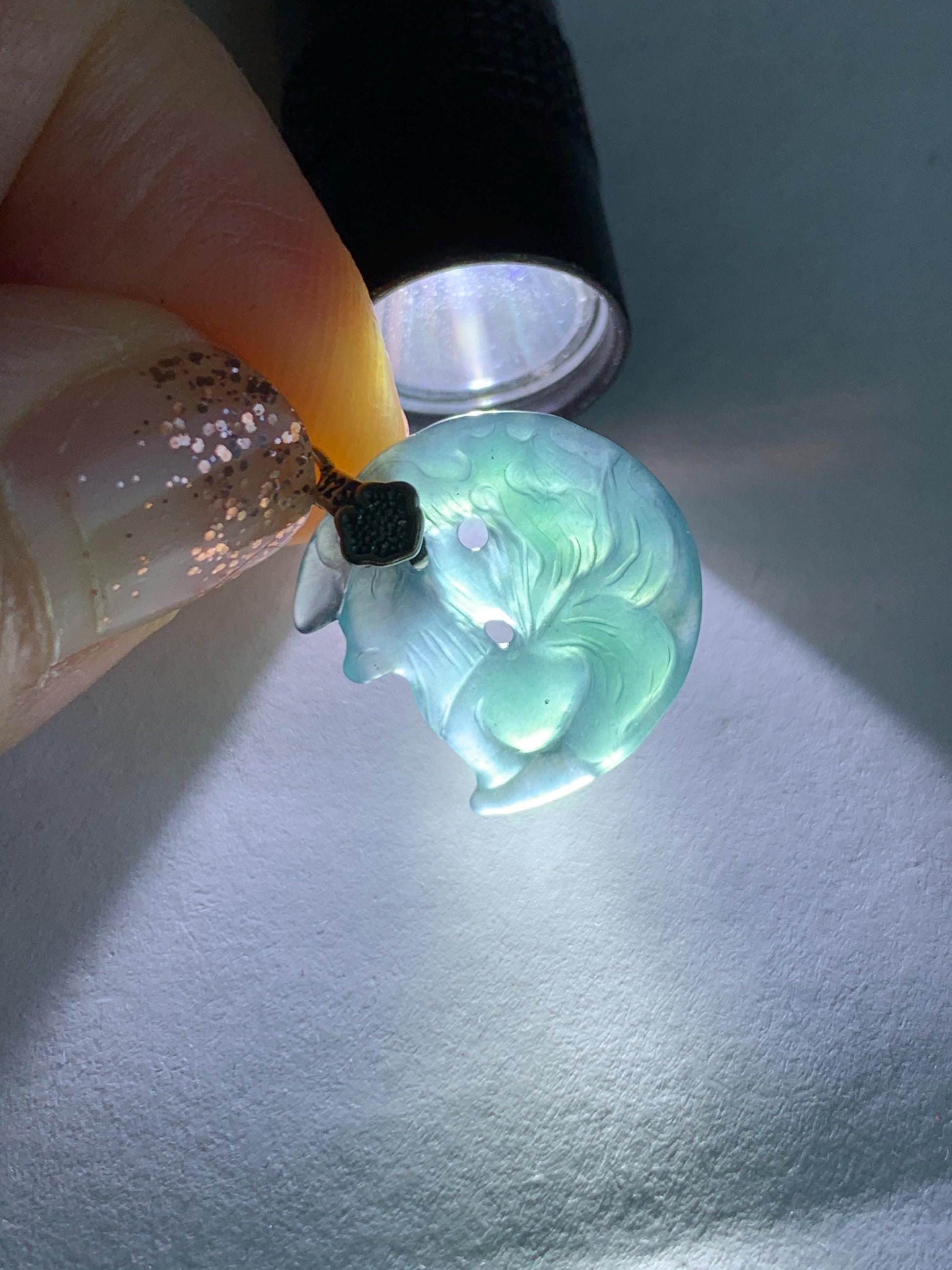 Natural Grade A Guatemalan Icy Translucent Teal Blue Jade Jadeite Nine-tailed Fox Petite Pendant Sterling Silver 天然冰危蓝绿翡翠迷你九尾狐月亮镶嵌吊坠 WXK253J