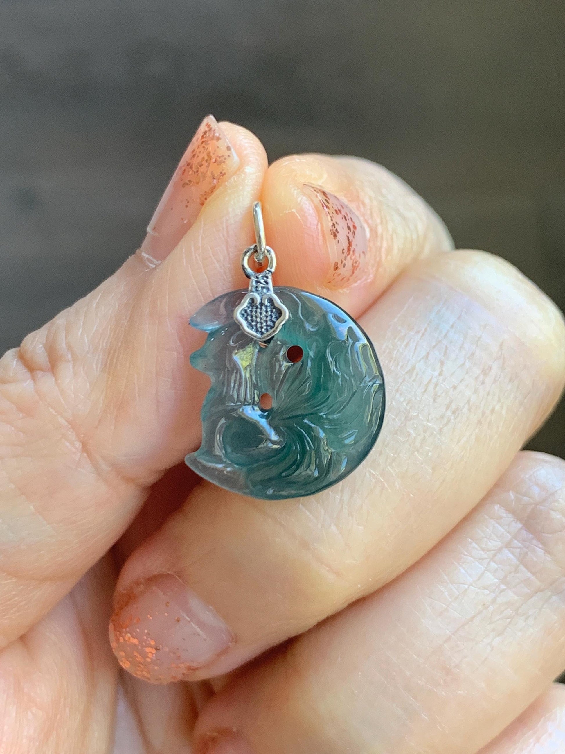 Natural Grade A Guatemalan Icy Translucent Teal Blue Jade Jadeite Nine-tailed Fox Petite Pendant Sterling Silver 天然冰危蓝绿翡翠迷你九尾狐月亮镶嵌吊坠 WXK253J