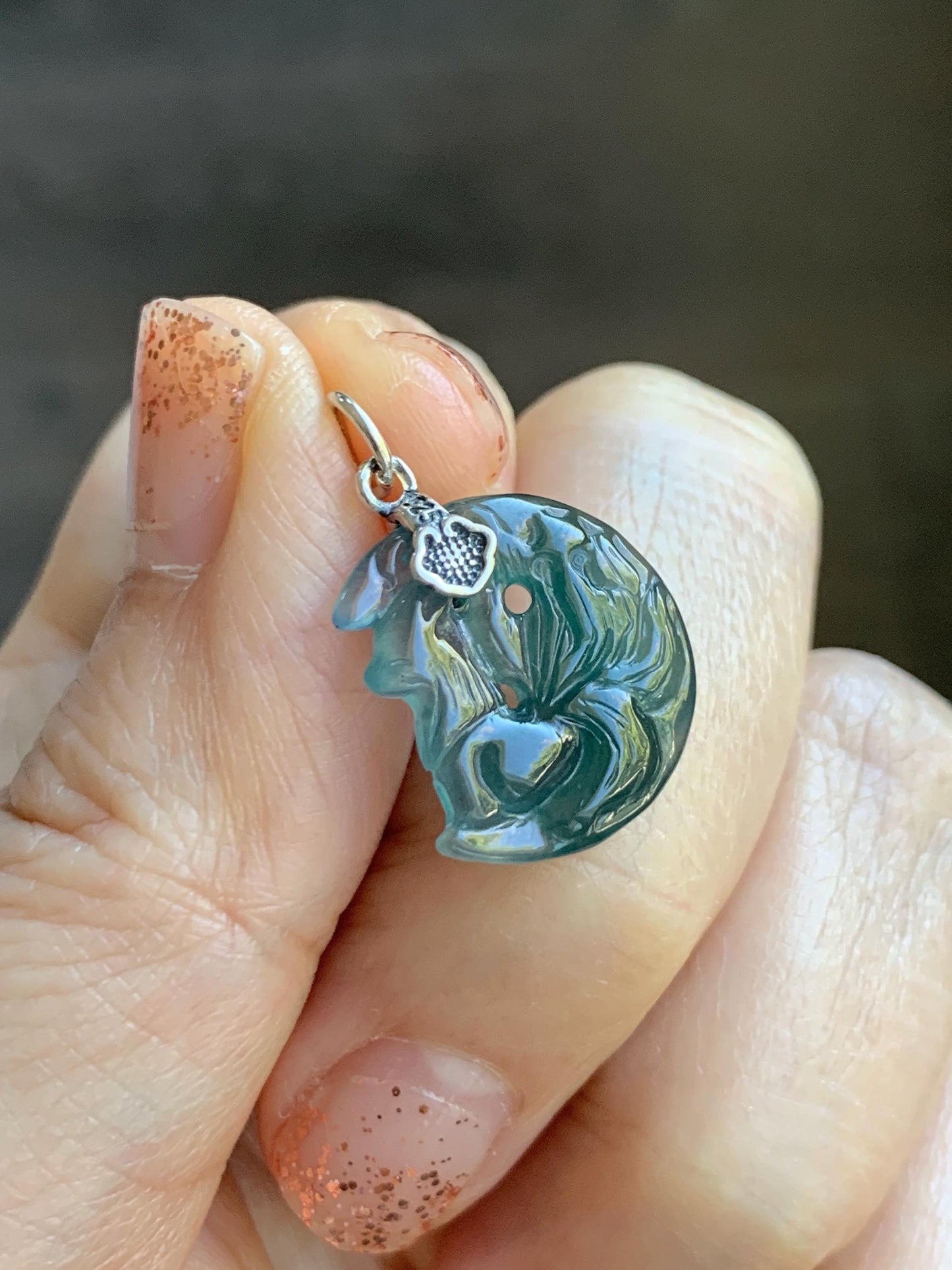 Natural Grade A Guatemalan Icy Translucent Teal Blue Jade Jadeite Nine-tailed Fox Petite Pendant Sterling Silver 天然冰危蓝绿翡翠迷你九尾狐月亮镶嵌吊坠 WXK253J