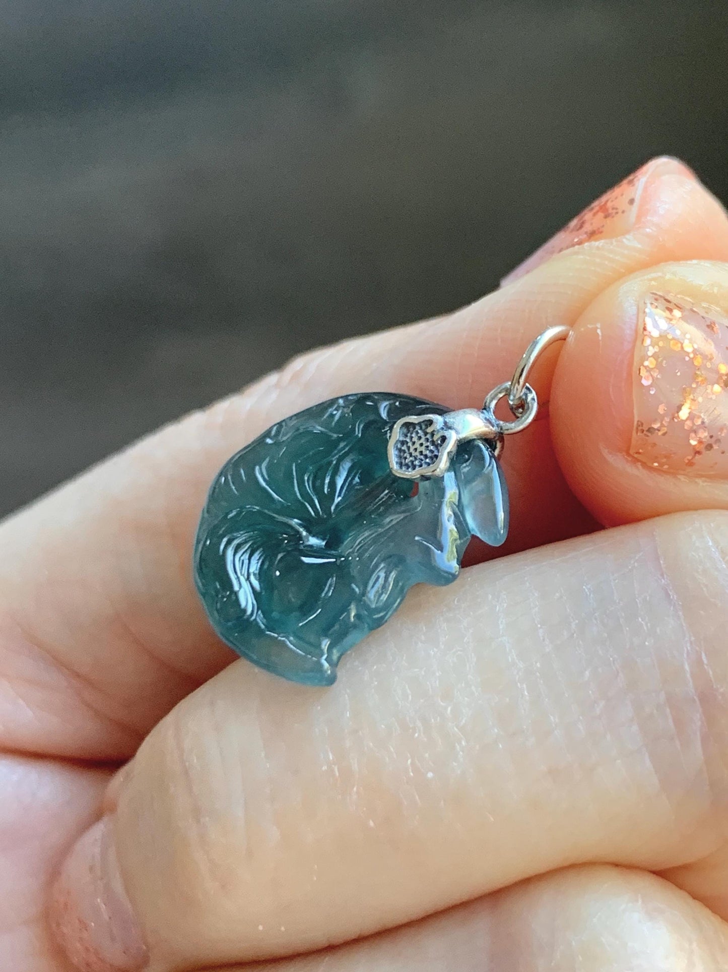 Natural Grade A Guatemalan Icy Translucent Teal Blue Jade Jadeite Nine-tailed Fox Petite Pendant Sterling Silver 天然冰危蓝绿翡翠迷你九尾狐月亮镶嵌吊坠 WXK253J