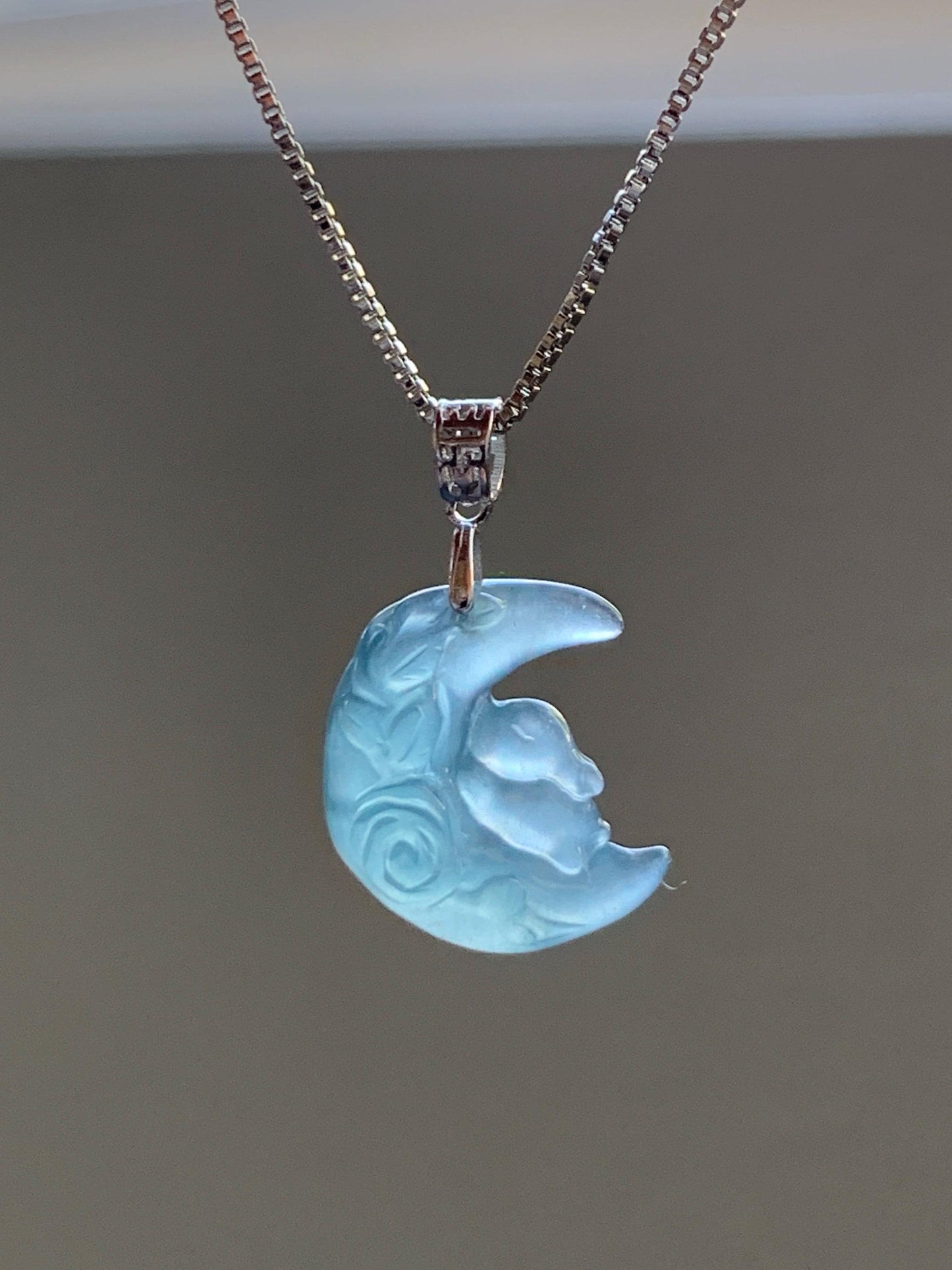 Natural Grade A Guatemalan Icy Translucent Light Teal Jadeite Rabbit Crescent Moon Petite Pendant Sterling Silver 天然冰危浅蓝翡翠迷你月亮兔吊坠 WXK253T