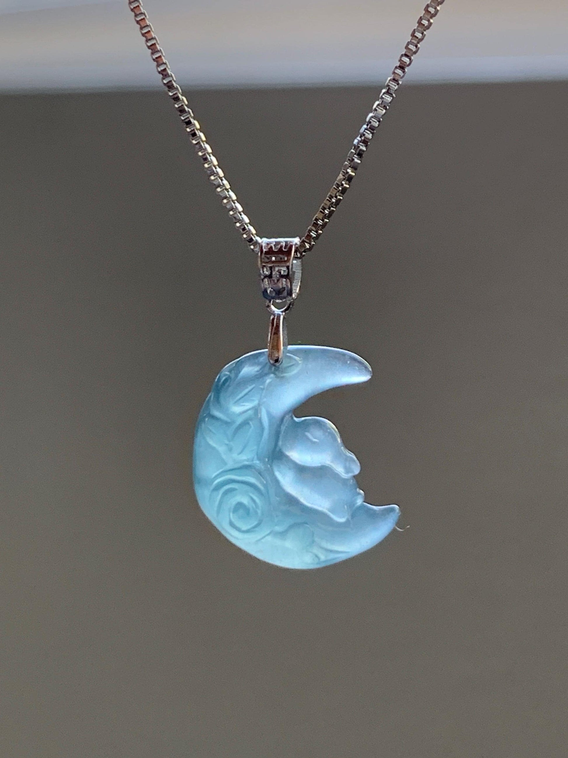 Natural Grade A Guatemalan Icy Translucent Light Teal Jadeite Rabbit Crescent Moon Petite Pendant Sterling Silver 天然冰危浅蓝翡翠迷你月亮兔吊坠 WXK253T