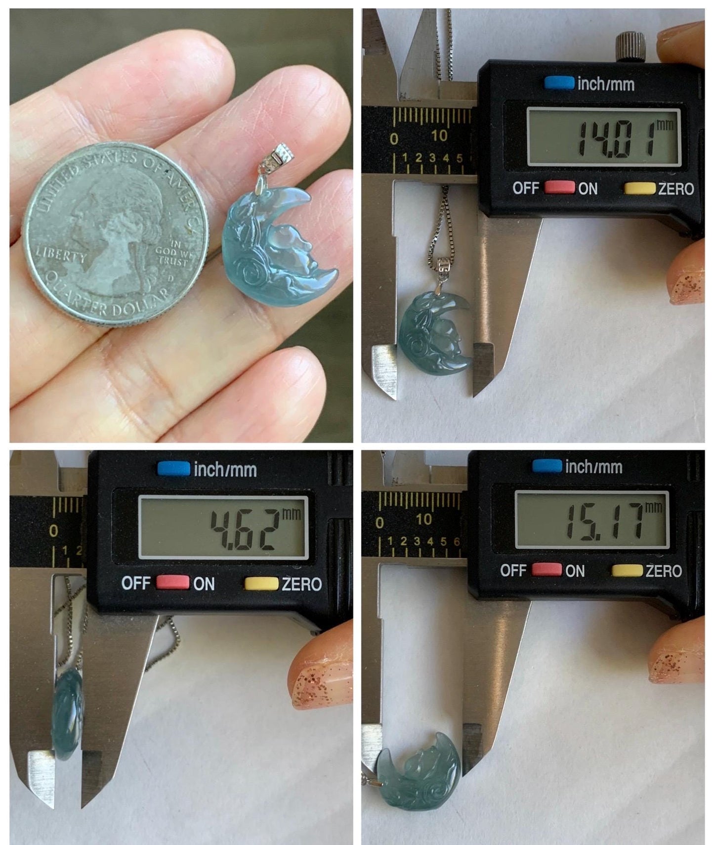 Natural Grade A Guatemalan Icy Translucent Light Teal Jadeite Rabbit Crescent Moon Petite Pendant Sterling Silver 天然冰危浅蓝翡翠迷你月亮兔吊坠 WXK253T