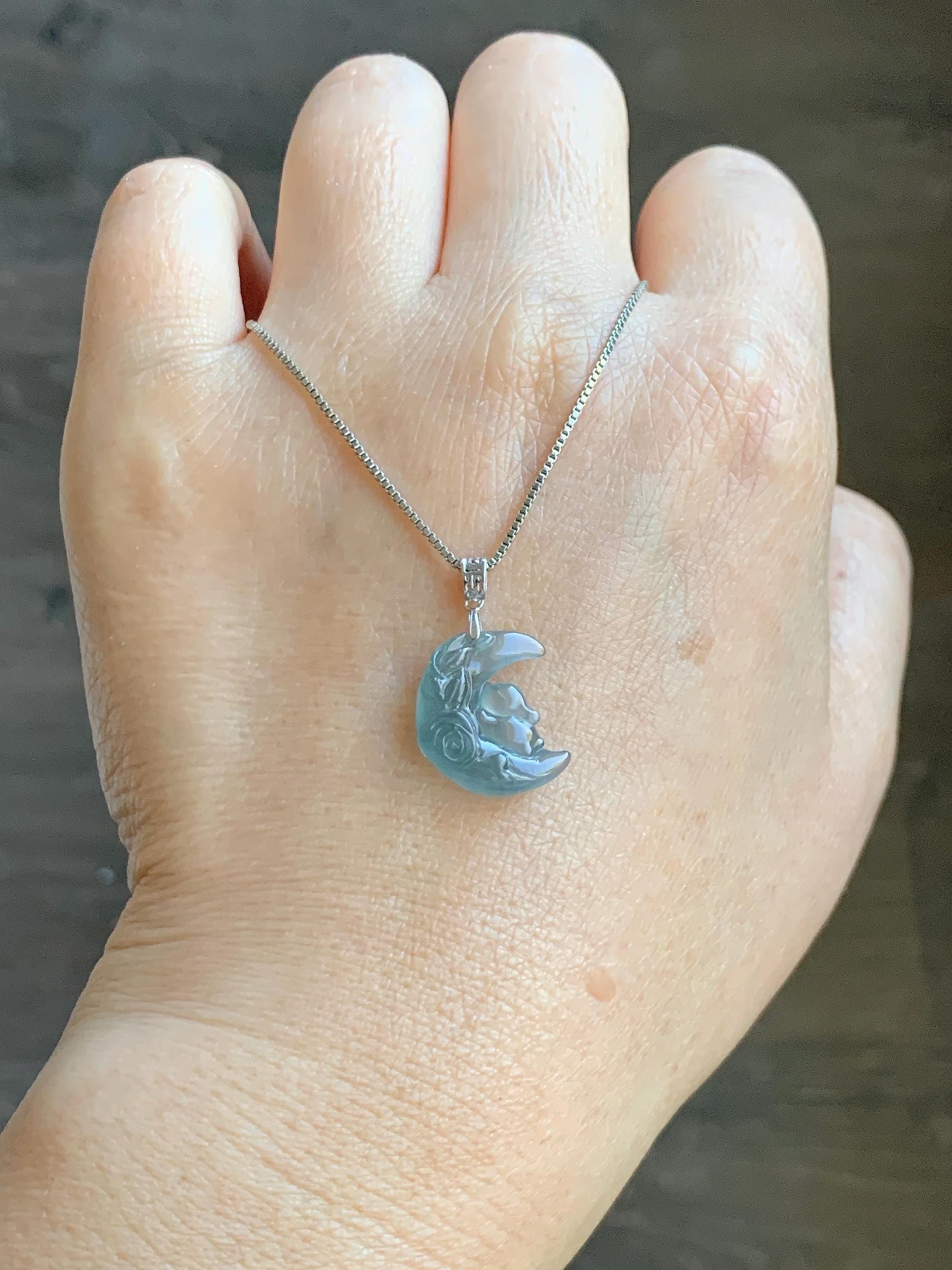 Natural Grade A Guatemalan Icy Translucent Light Teal Jadeite Rabbit Crescent Moon Petite Pendant Sterling Silver 天然冰危浅蓝翡翠迷你月亮兔吊坠 WXK253T