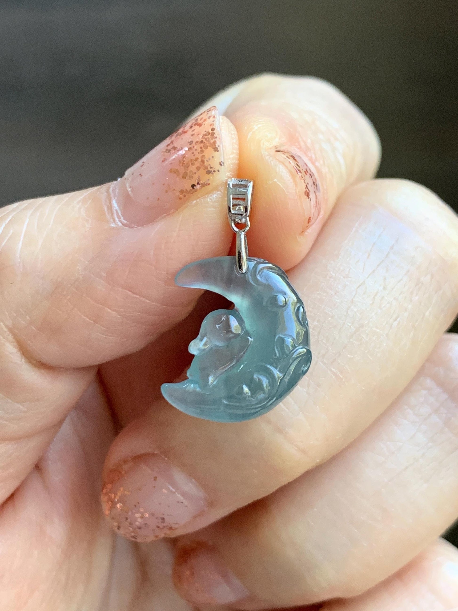 Natural Grade A Guatemalan Icy Translucent Light Teal Jadeite Rabbit Crescent Moon Petite Pendant Sterling Silver 天然冰危浅蓝翡翠迷你月亮兔吊坠 WXK253T