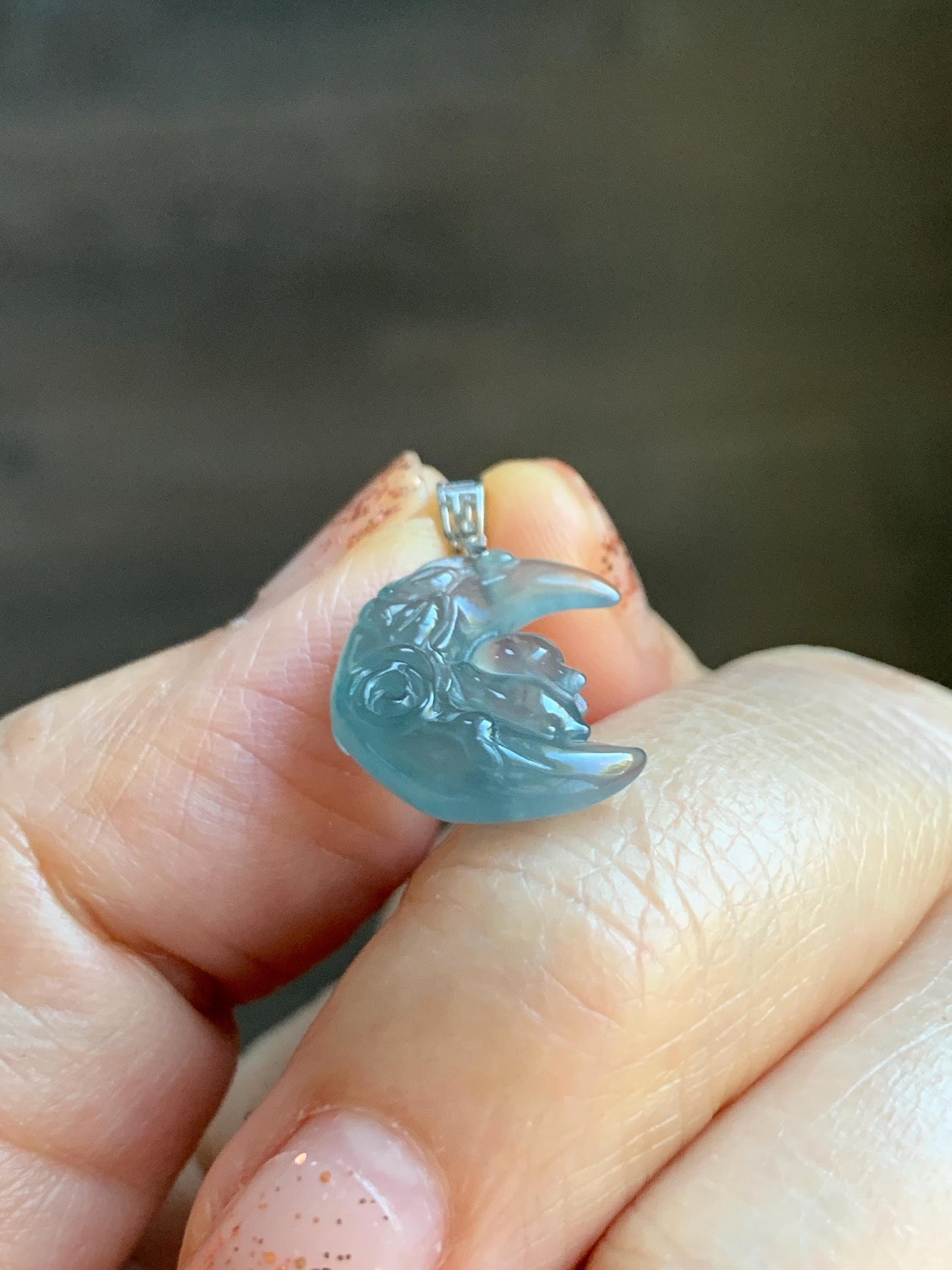 Natural Grade A Guatemalan Icy Translucent Light Teal Jadeite Rabbit Crescent Moon Petite Pendant Sterling Silver 天然冰危浅蓝翡翠迷你月亮兔吊坠 WXK253T