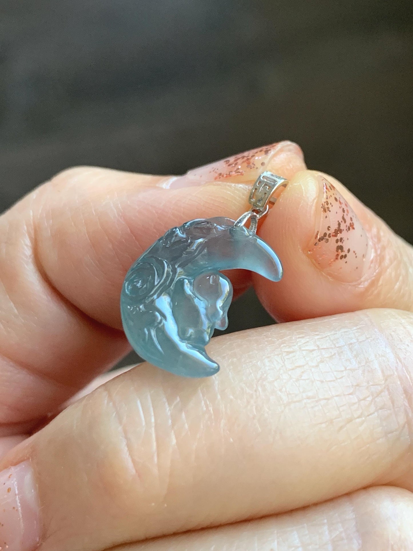 Natural Grade A Guatemalan Icy Translucent Light Teal Jadeite Rabbit Crescent Moon Petite Pendant Sterling Silver 天然冰危浅蓝翡翠迷你月亮兔吊坠 WXK253T