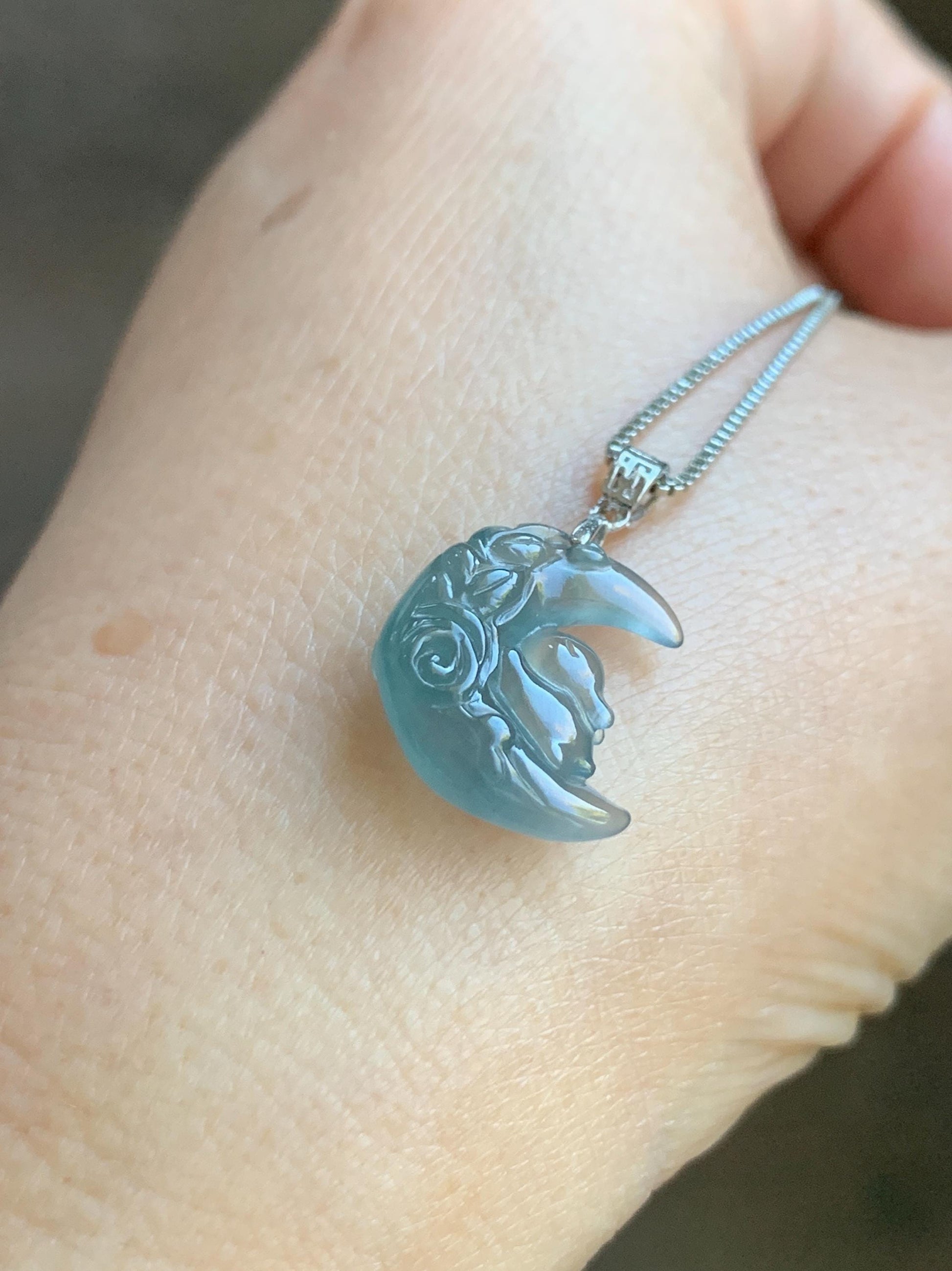 Natural Grade A Guatemalan Icy Translucent Light Teal Jadeite Rabbit Crescent Moon Petite Pendant Sterling Silver 天然冰危浅蓝翡翠迷你月亮兔吊坠 WXK253T